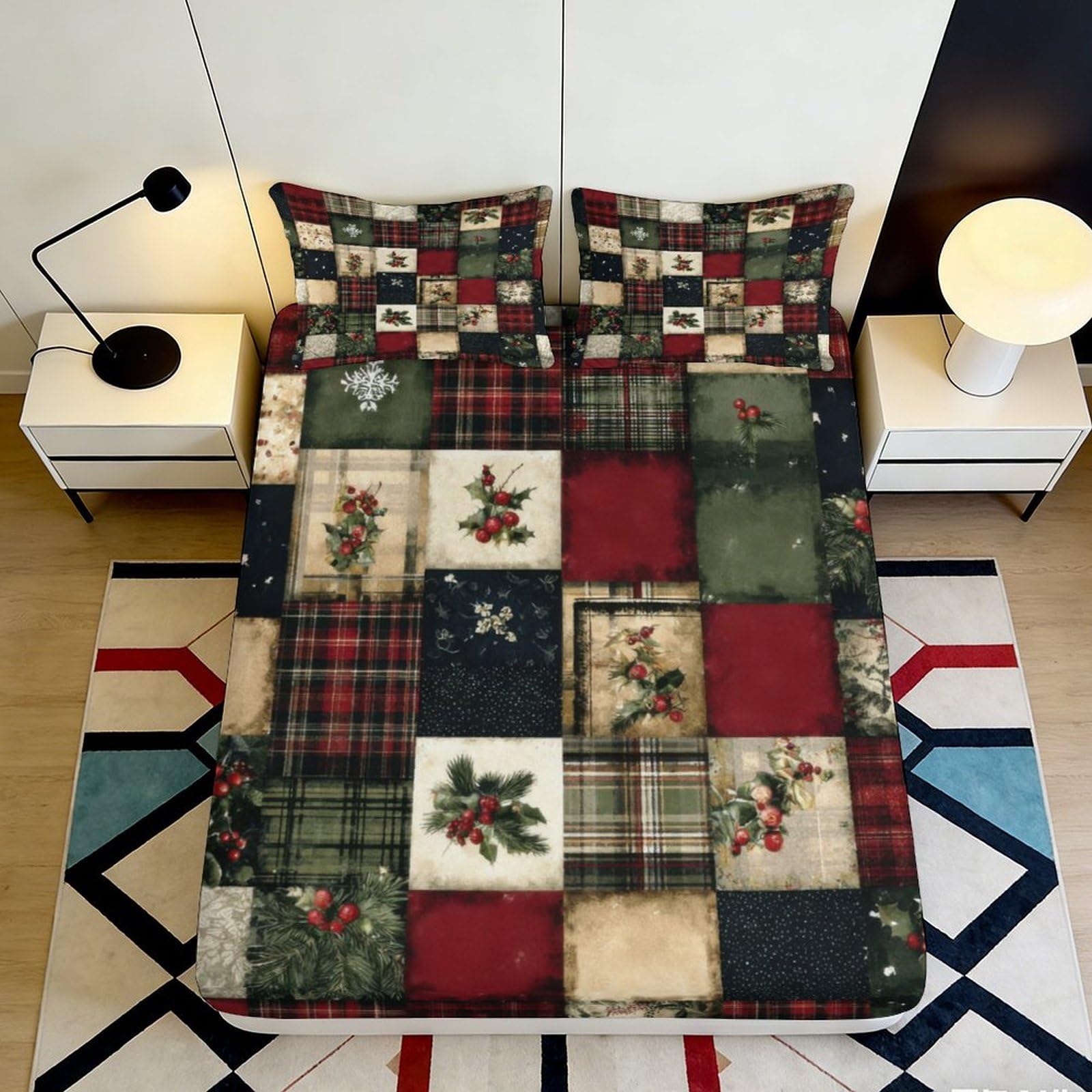 Jqzkxnhpbr Style-4 3D Printed Patchwork Christmas Fitted Sheet Microfiber Soft Decorative Plaid Mattress Cover For Bedroom Guest Room Dorm 90X200x25cm
