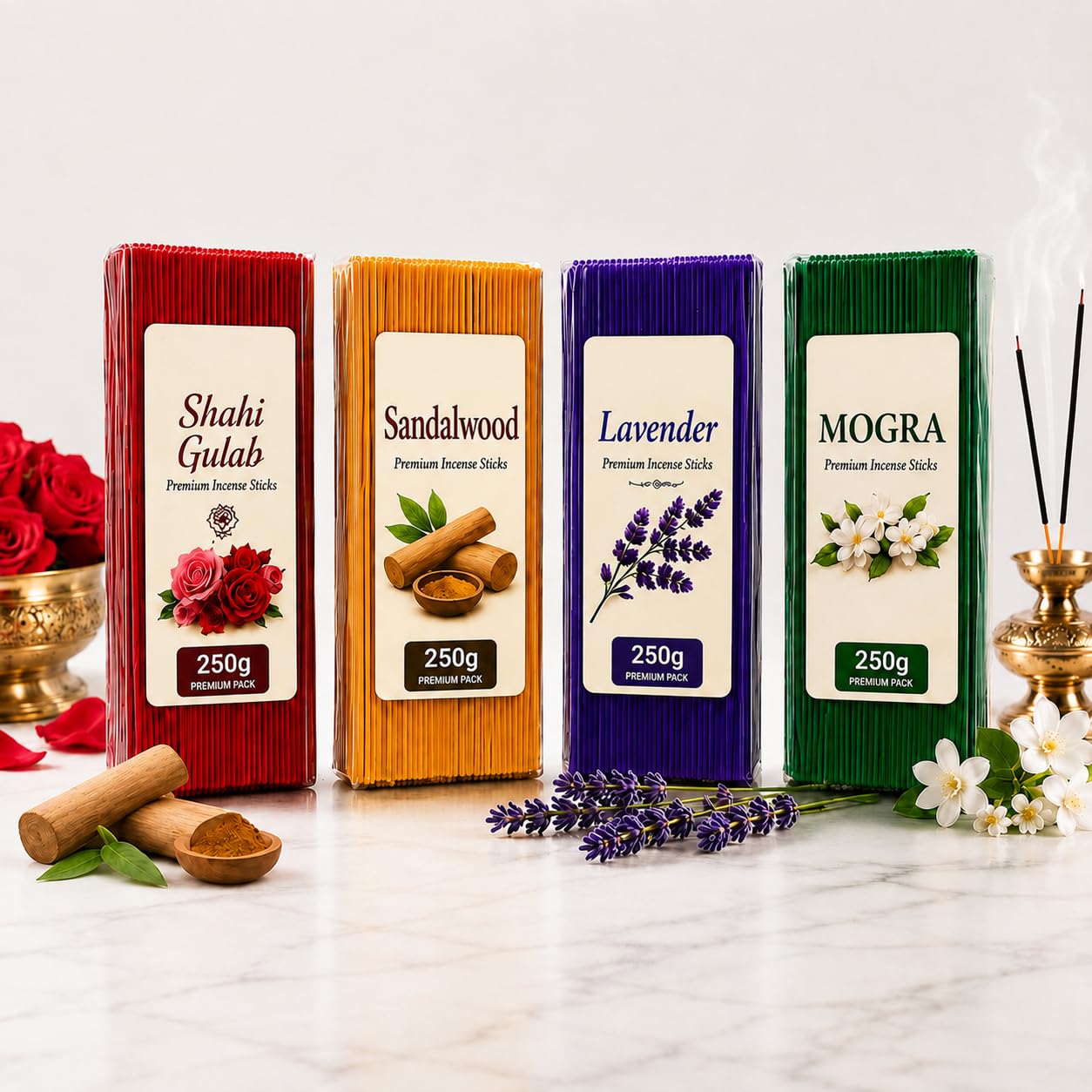 Premium Agarbatti Combo Pack 1Kg (4x250g) | Lavender, Mogra, Rose & Sandalwood Incense Sticks | Long Lasting Charcoal Free Agarbatti for Puja & Home Fragrance-picture-35