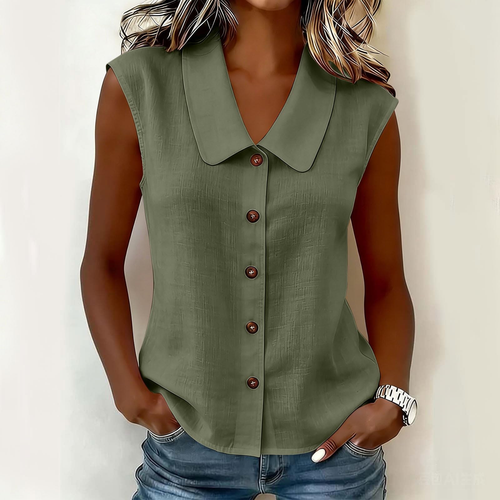 Chemisier Femme Chic et Élégant, Chemisiers et Blouses Femme D'Été sans Manches Coupe Fluide Respirant Col en Revers Bouton Lâche Respirant Couleur Unie Décontracté Tunique Tops pour Tenues Estivale