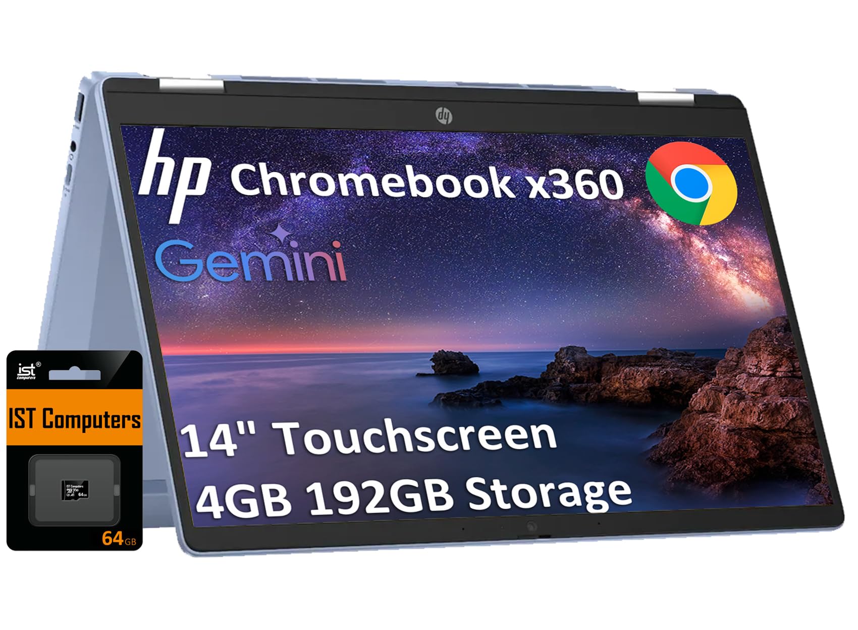 HP Chromebook x360 14b 2-in-1 Touchscreen Laptop (14" HD, 4GB RAM, Intel N200, 192GB Storage (128GB SSD+64GB SD Card)) for Home, Students, HD Webcam,