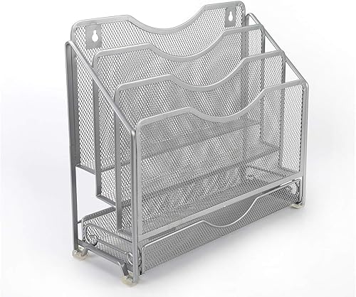 Miniatura 3 de EasyPAG Organizador de papel de escritorio de malla para colgar en la pared con 3 estantes verticales y cajón deslizante, color plateado