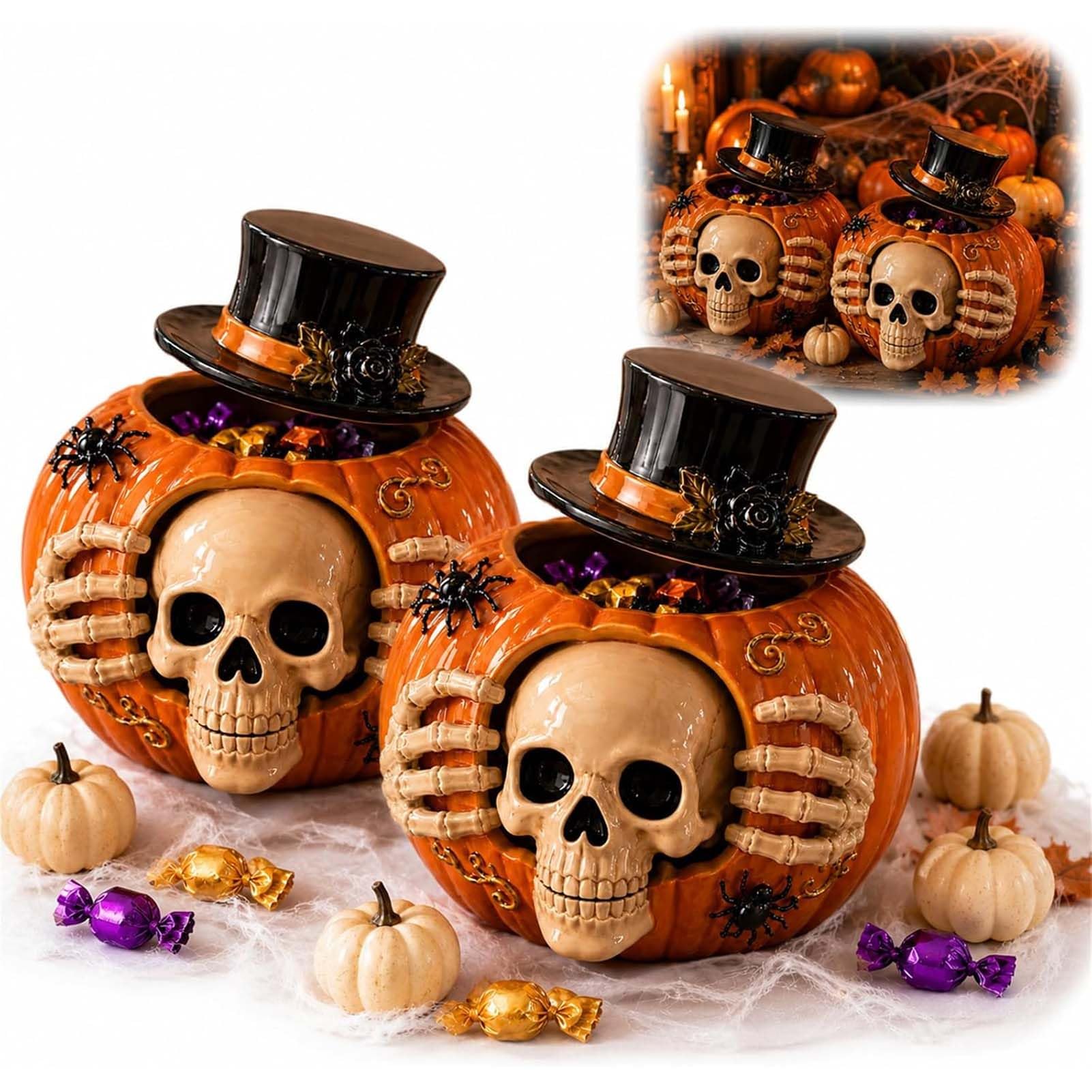 DTSXFTLY Halloween Candy Jar Skull Pumpkin With Removable Top Hat Lid