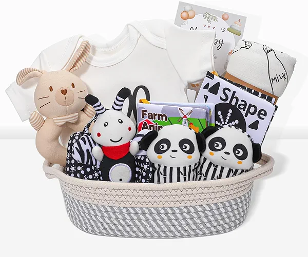 Baby Shower Gifts,Baby Girl Boy Gifts,Black & White High Contrast Baby Newborn Essentials Gift Basket with Swaddle Blanket Onesie Toys