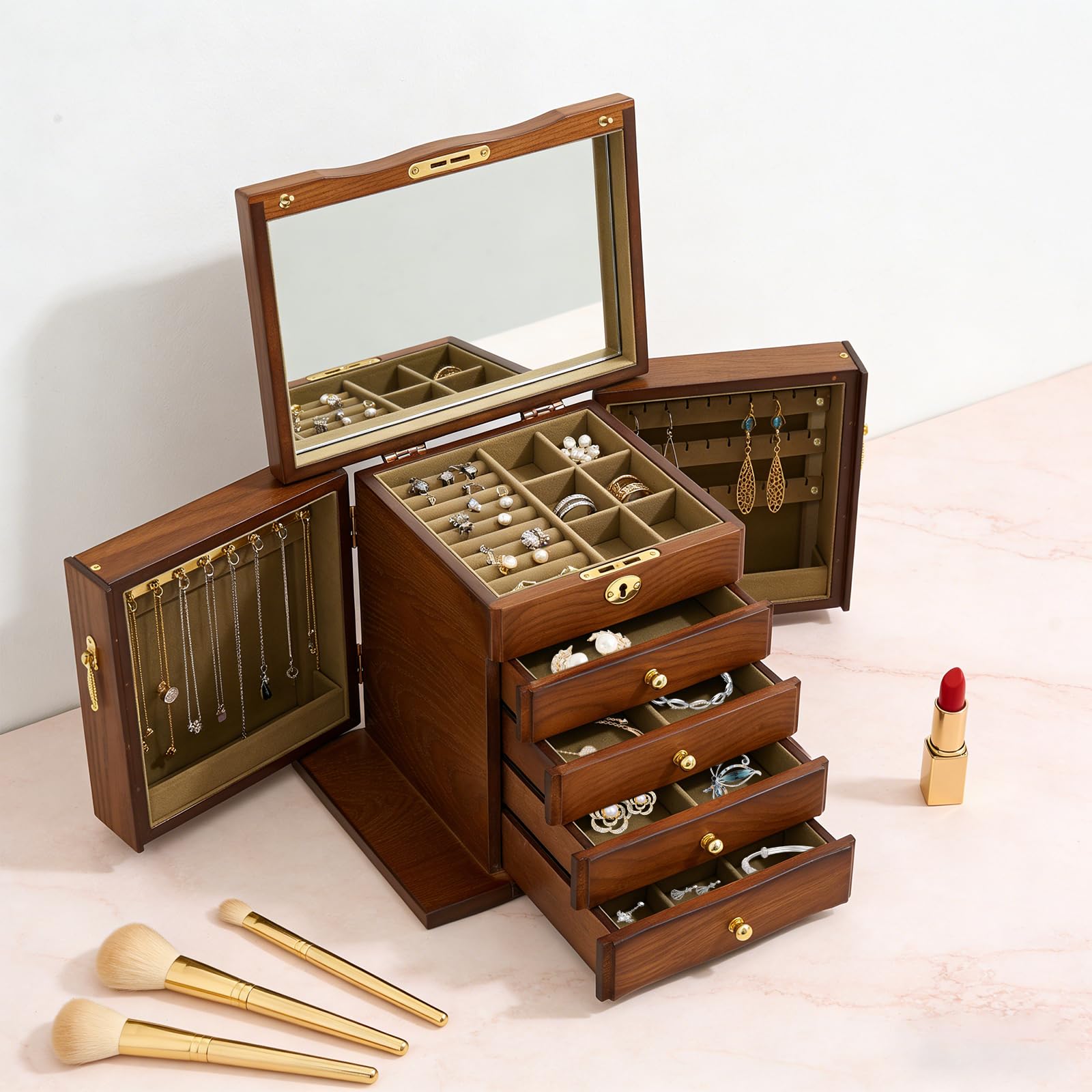 5 Schichten Schmuckkasten Holzschmuckbox mit Spiegel Schmuckschatulle Schmuckaufbewahrung Schachtel Abschließbar Aufbewahrungsbox Holz Schmuckkoffer für Ohrringe, Halsketten, Armbänder, Ringen