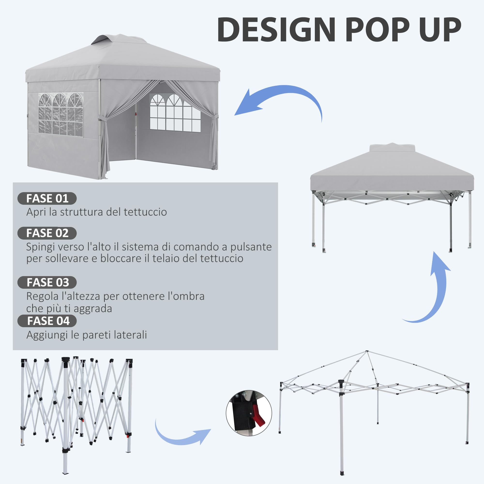 Outsunny Gazebo Pieghevole 3x3 m Pop Up Altezza Regolabile Grigio Chiaro | Porta, 2 Finestre, Borsa da Trasporto, Gazebo da Esterno, Acciaio Oxford, UV30+, Giardino, Feste, Campeggio