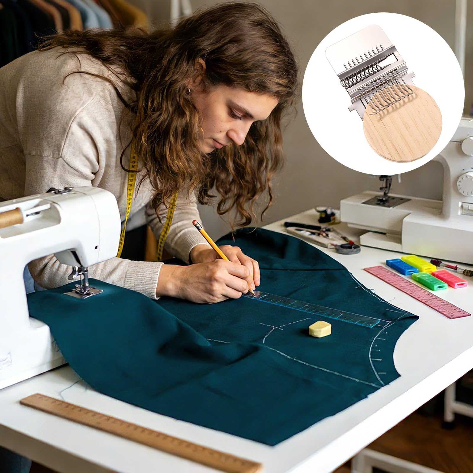 Mini Telar para Zurcir, con Agujas de Acero Inoxidable Tablero Redondo Madera Goma Elástica y Jeringa para Vaqueros Calcetines Reparación Ropa Tejido y Manualidades