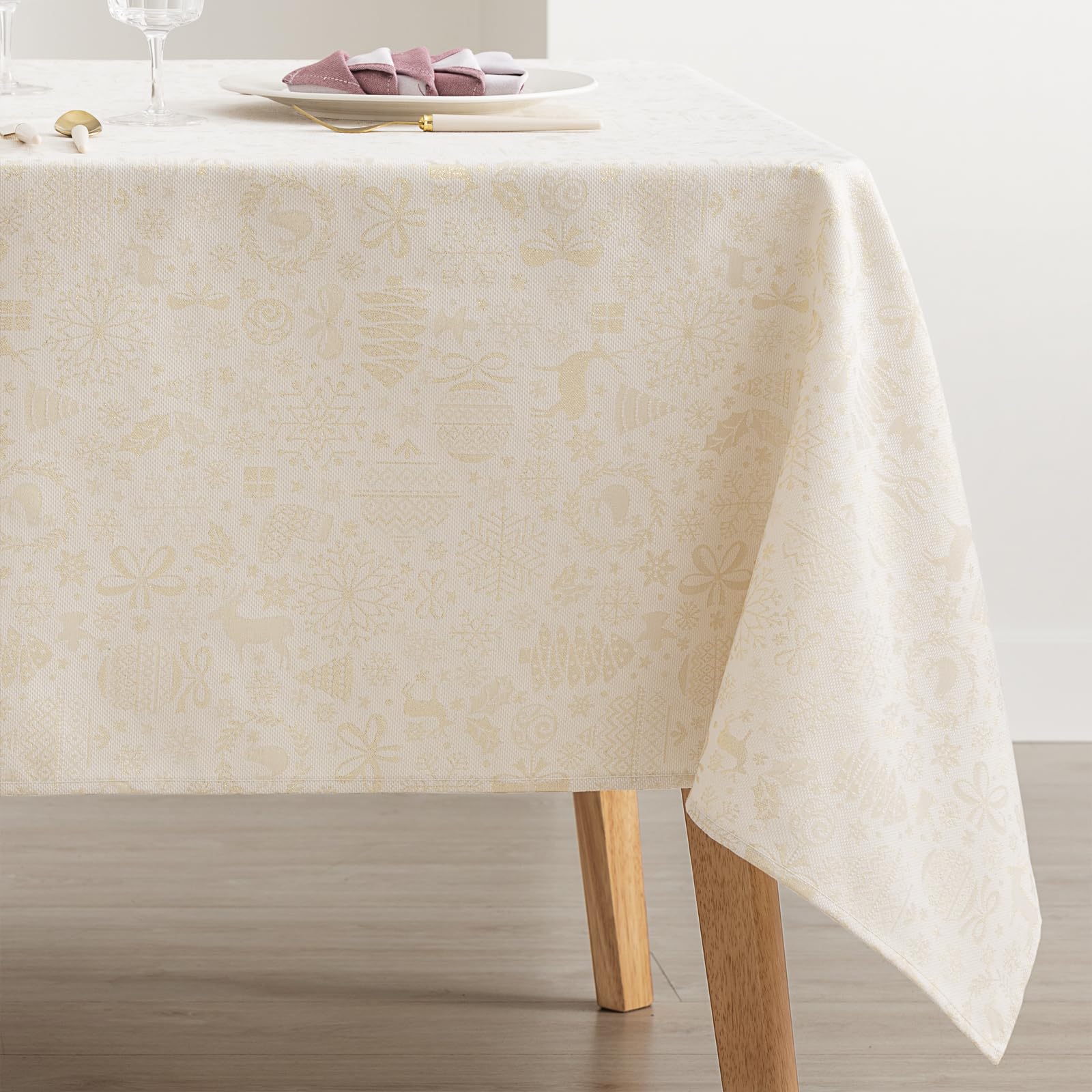 GAMUSI Tablecloth Christmas Jacquard Gold Thread Dining Table Square Christmas Decoration 140 x 140 cm, Ecru