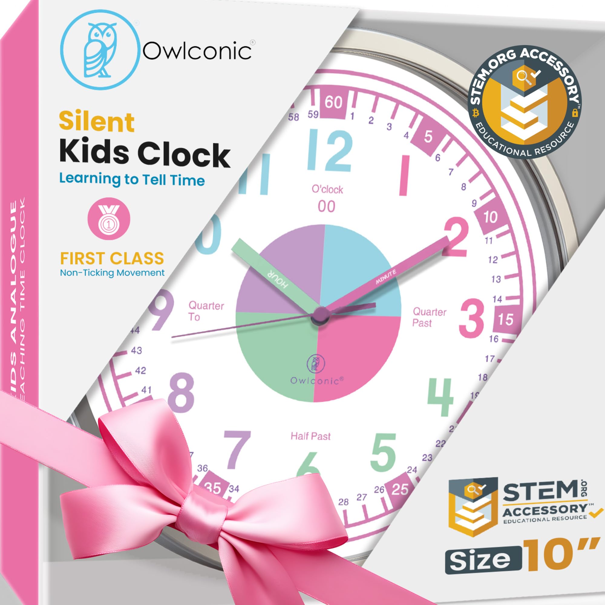 OWLCONIC Telling Time Teaching Clock for Kids Clock - Analog Clock for Kids Bedrooms Playroom Homeschool Decor, School Classroom Learning Clock, Educational Clocks for Kids Learning to Tell Time