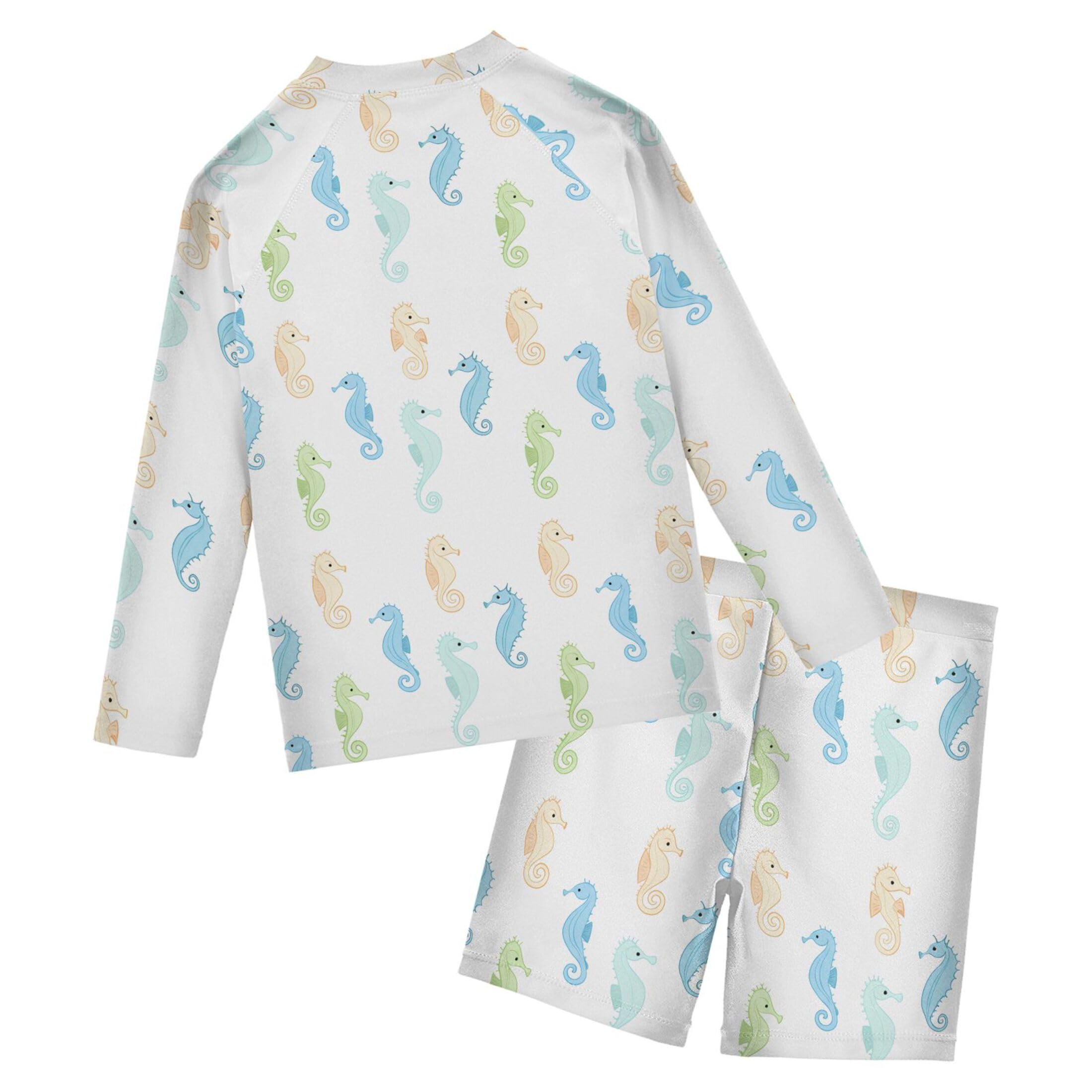 Cute Seahorse Boys Rash Guard Swimsuits Set for Boys Long Sleeve Swim Shirts Bathing Suits with Trunks B0404647