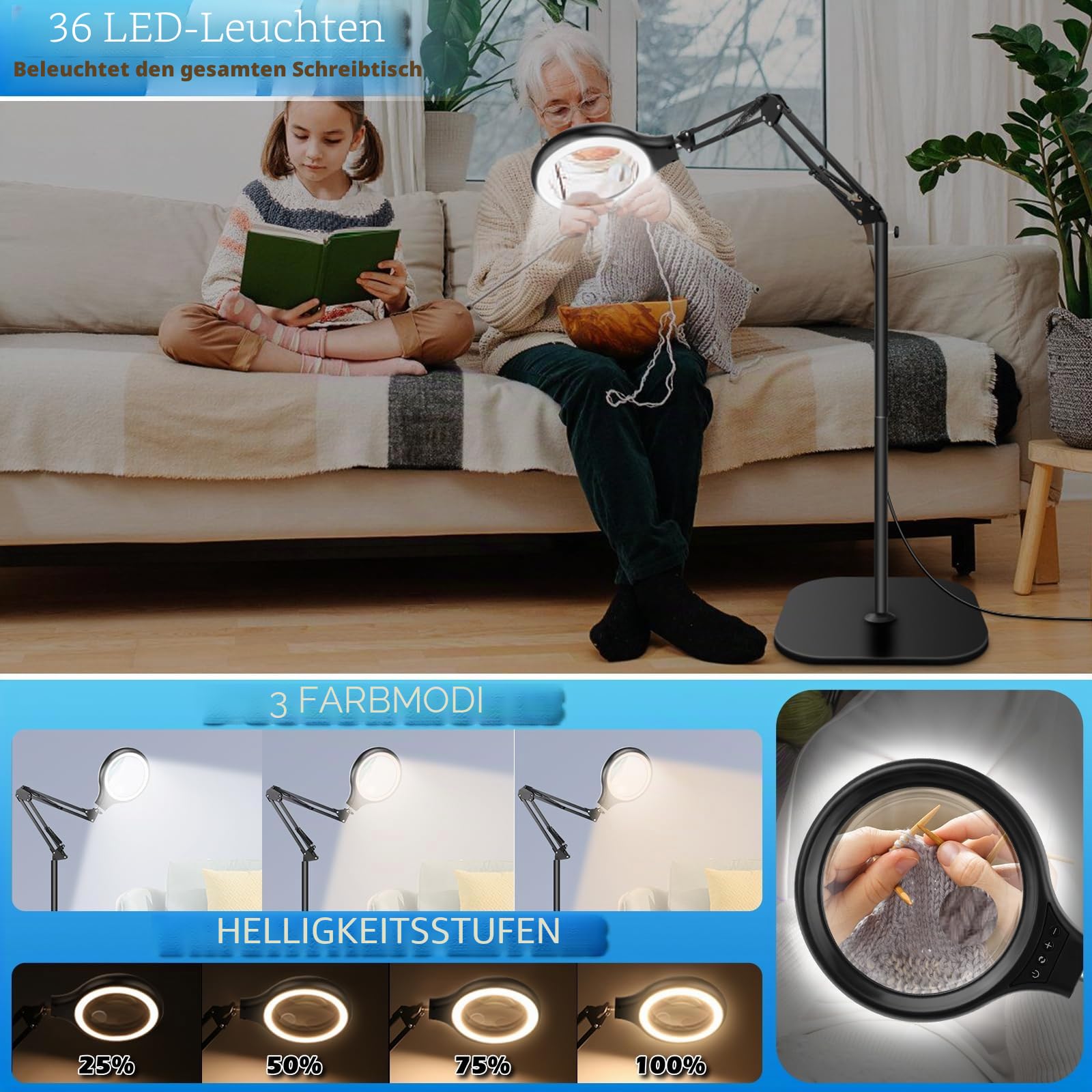 NZQXJXZ 30X 10X Große Lupe mit Licht und Ständer, 2-in-1 Lupenlampe | mit 36 Einstellbaren Helligkeits-LEDs, 3 Farbmodi, Beleuchtete Lupenleuchte für Lesen, Naharbeit, Nähen, Basteln, Hobbys