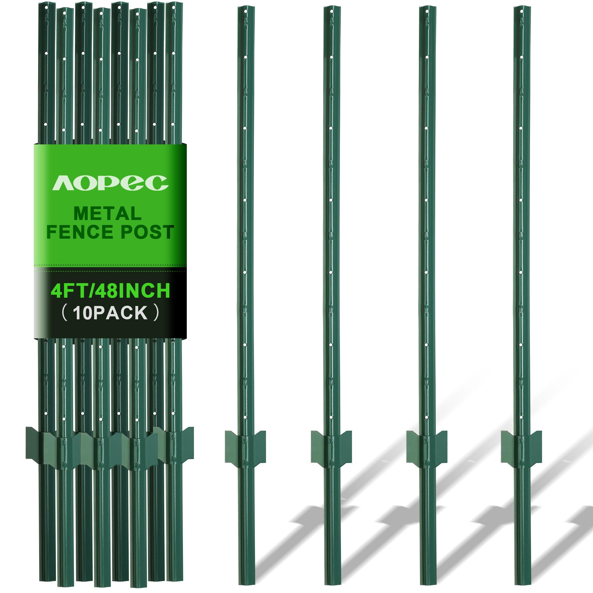 AOPEC Fence Post 4 Feet / 48 Inch, Pack of 10, Heavy Duty Metal Fence Posts, No Dig U Post with U-Channel, Adjustable Tabs & Anchor Plate, Rust-Proof