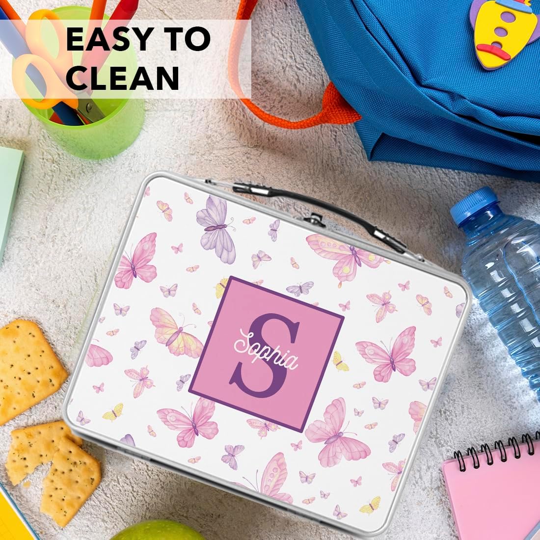 Andaz Press Personalized Stainless Steel Lunch Boxes Kids, 8.6" X 6.6" Custom Metal Lunch Box, Butterflies Lunch Box, Easy To Open Retro Lunch Boxes, Bpa Free Vintage Tin Boxes