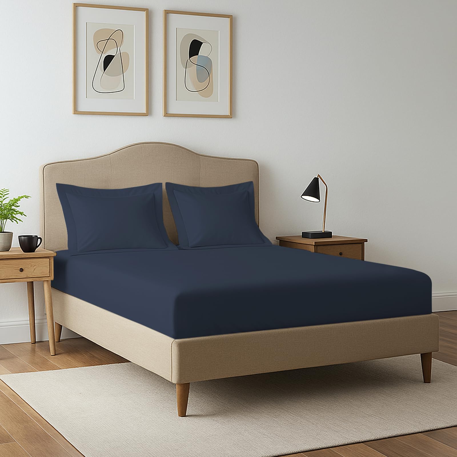 Pizuna 400 Thread Count Super King Fitted Sheet 180x200 cm with 2 Pillow Cases, Dark Blue, 100% Long Staple Cotton, Soft Sateen Weave, Fitted Bed Sheets with 40 cm Deep Pocket — image 1