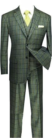 VINCI Window Pane 2 Button Single Breasted Classic Fit Suit W/Shawl Collar Vest V2RW-12-Olive-46S