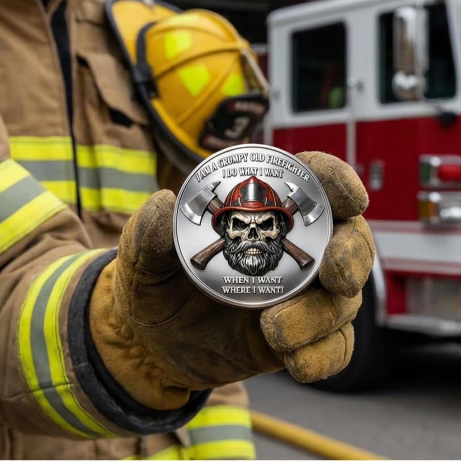 Grumpy Old Firefighters Club Challenge Coin - Skull & Axes Design Commemorative Souvenir for Brotherhood, Retired Fireman, Dad & Veterans - Funny Firefighter Novelty Gift (10PCS)