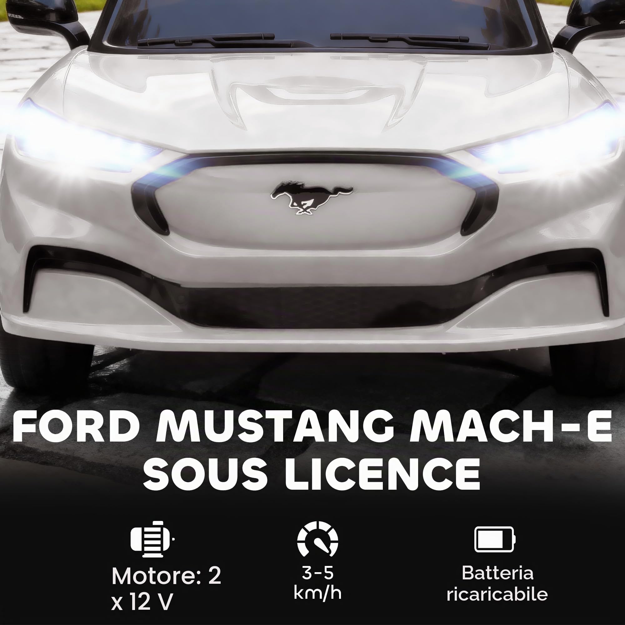 AIYAPLAY Auto elettrica per bambini con licenza ufficiale Ford Mustang Mach-E, 12 V, telecomando da 2,4 G, 2 motori da 25 W, veicolo con avviamento graduale, fari a LED, musica e porta USB, bianco