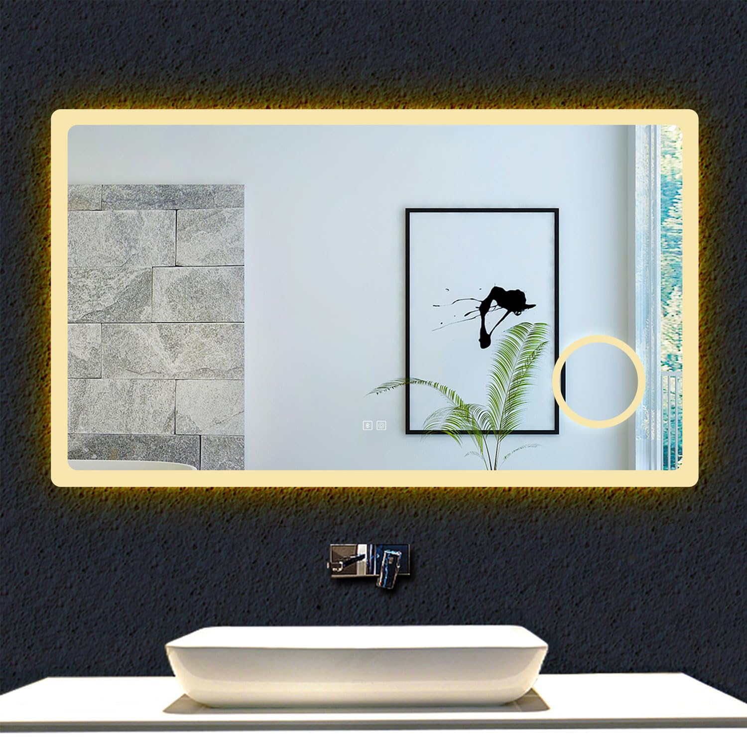 Espejo de baño con luz LED,120 x 70 cm, AICA Espejo, con luz led 3 Colores, función antinieble, Memoria agapada, Bluetooth, Lupa con Aumento de 3X y Brillo Ajustable. Diseño Moderno.