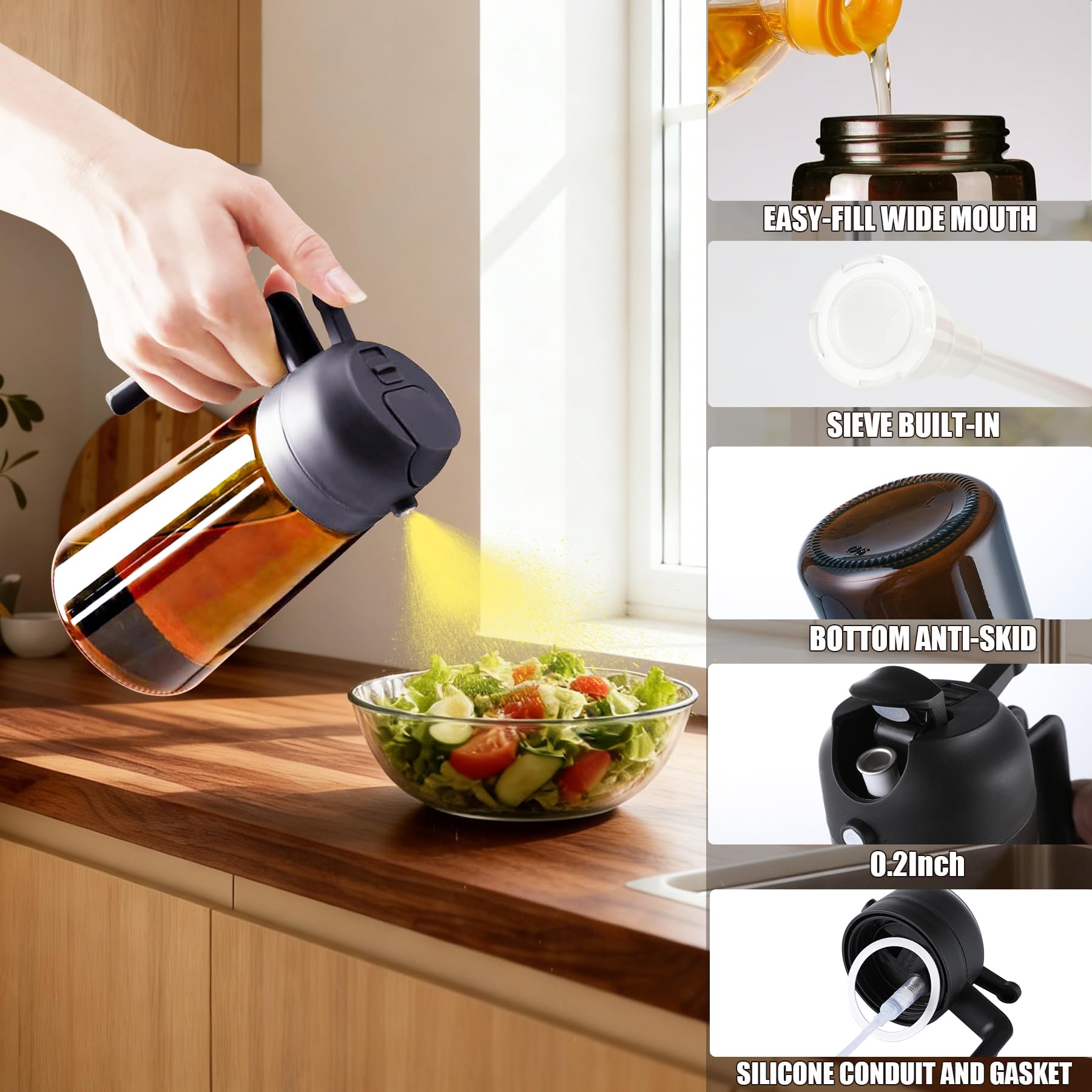 OURCABECUE Pulverizador de aceite para cocinar, botella dispensadora de aceite de oliva de vidrio de 16 onzas para utensilios de cocina, botella 2 en 1 de color marrón oscuro con calcomanías para