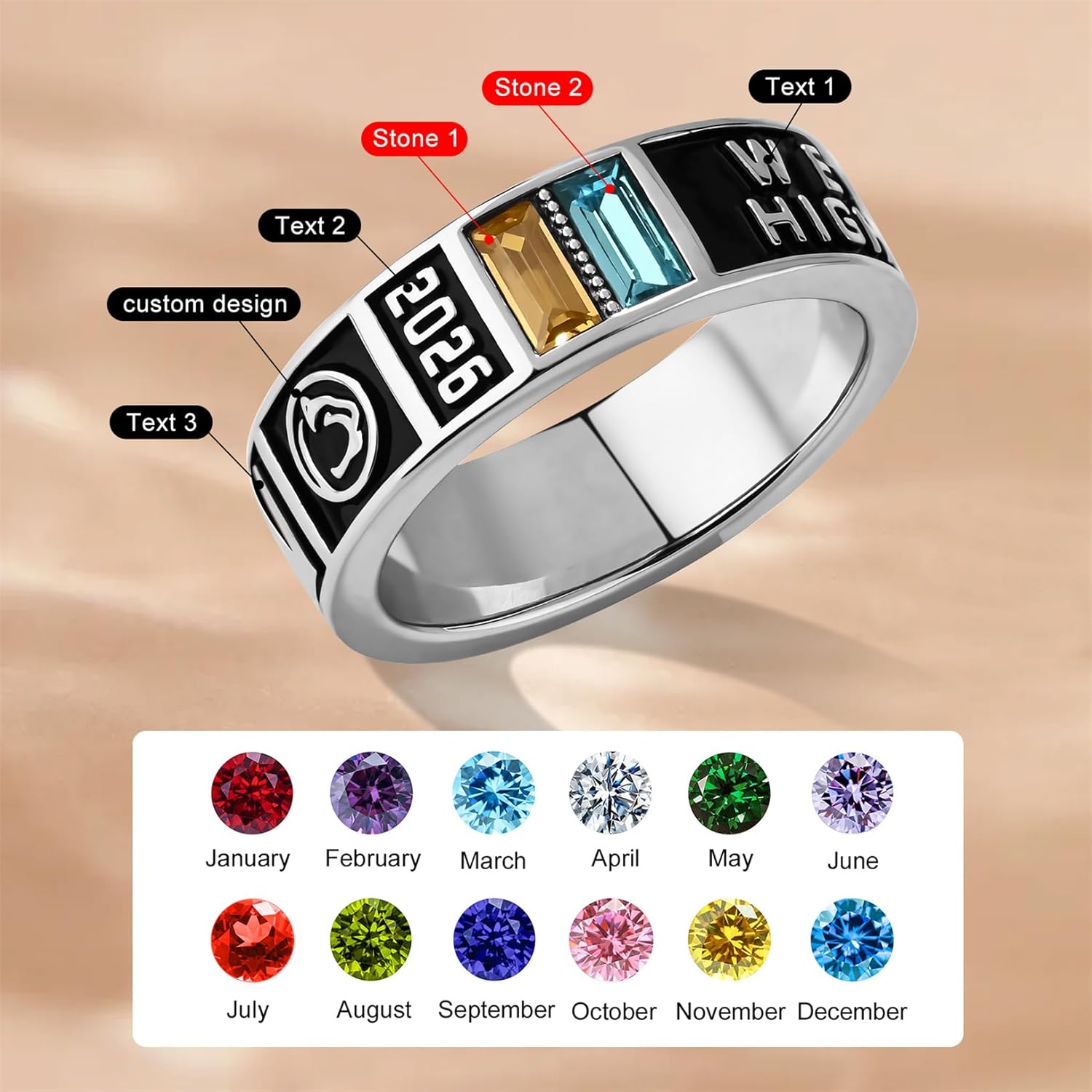 BABOOM Custom Class Ring Personalized Sterling Silver Graduation Ring Class of 2026 High School College University Customized Logo Symbol & Birthstone Championship Ring Graduation Gifts for Women Men