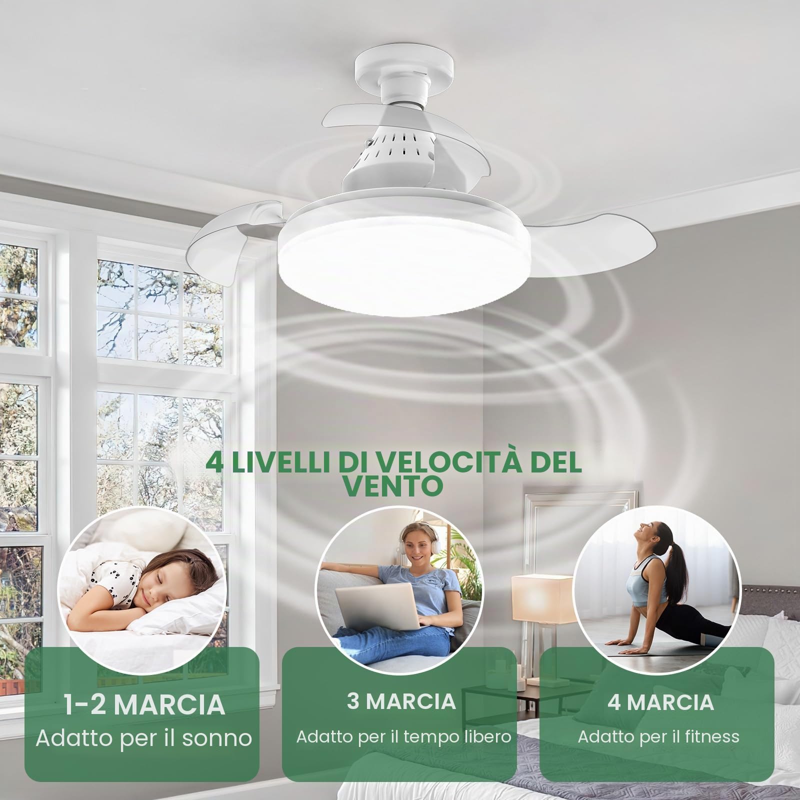 Ventilatore da Soffitto con Luce LED Dimmerabile e Telecomando, Pale Retrattili, 4 Velocità, Attacco E27, Silenzioso Adatto per Soggiorno e Camera da Letto