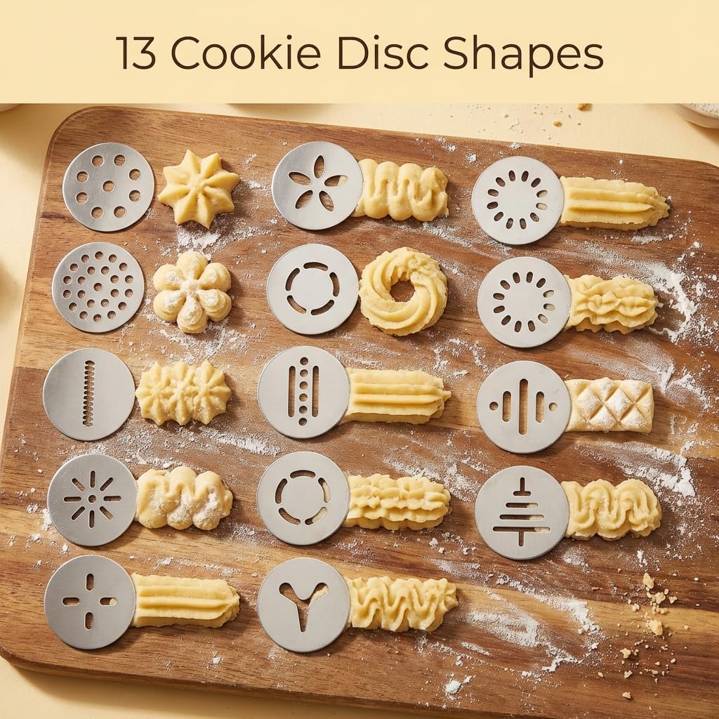 A wooden board displaying various cookie shapes created using the 13 different cookie discs.