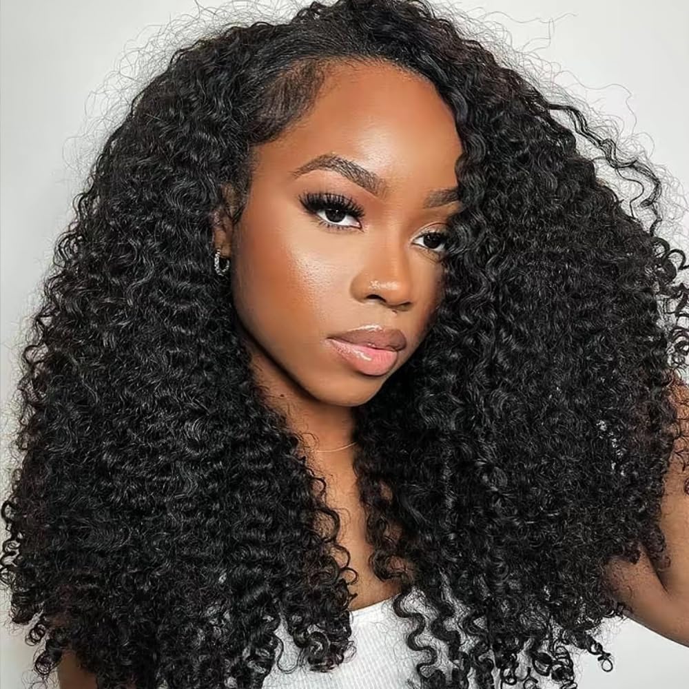 Larhali Kinky Curly Half Wig Human Hair 180% Density Wear And Go Glueless Wigs Human Hair 16 Inch Curly 3 In 1 Half Wigs for Women Drawstring Seamless Flip Headband Wig Beginner Friendly
