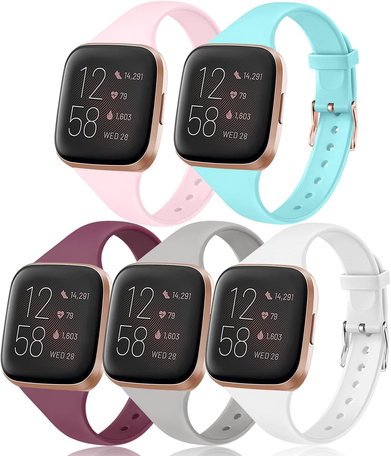 5 Pack Slim Bands Compatible with Fitbit Versa 2 Bands/Fitbit Versa/Versa Lite/Versa SE, Soft Silicone Replacement Wristband for Fitbit Versa Smart Watch Women Men (Small, Wine Red/Grey/White/Pink/Light Blue)