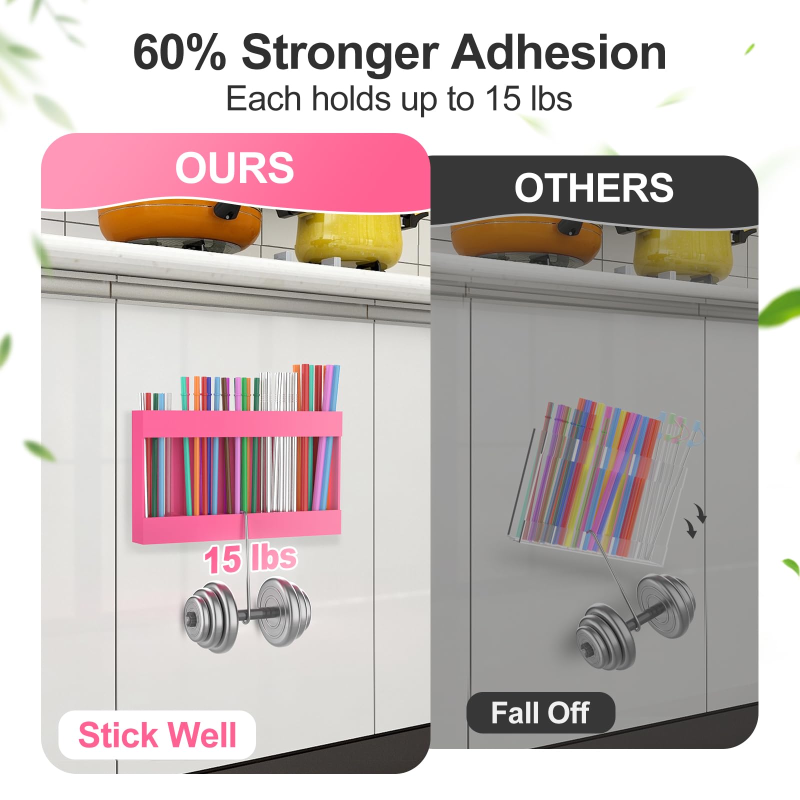 Rycid 9.5” Large Acrylic Straw Holder for Cabinet Door with Detachable Ultra Sticky Adhesive Squares and Stickers, 2026 Reusable Straws Organizer Storage Dispenser for Kitchen Counter Cupboard