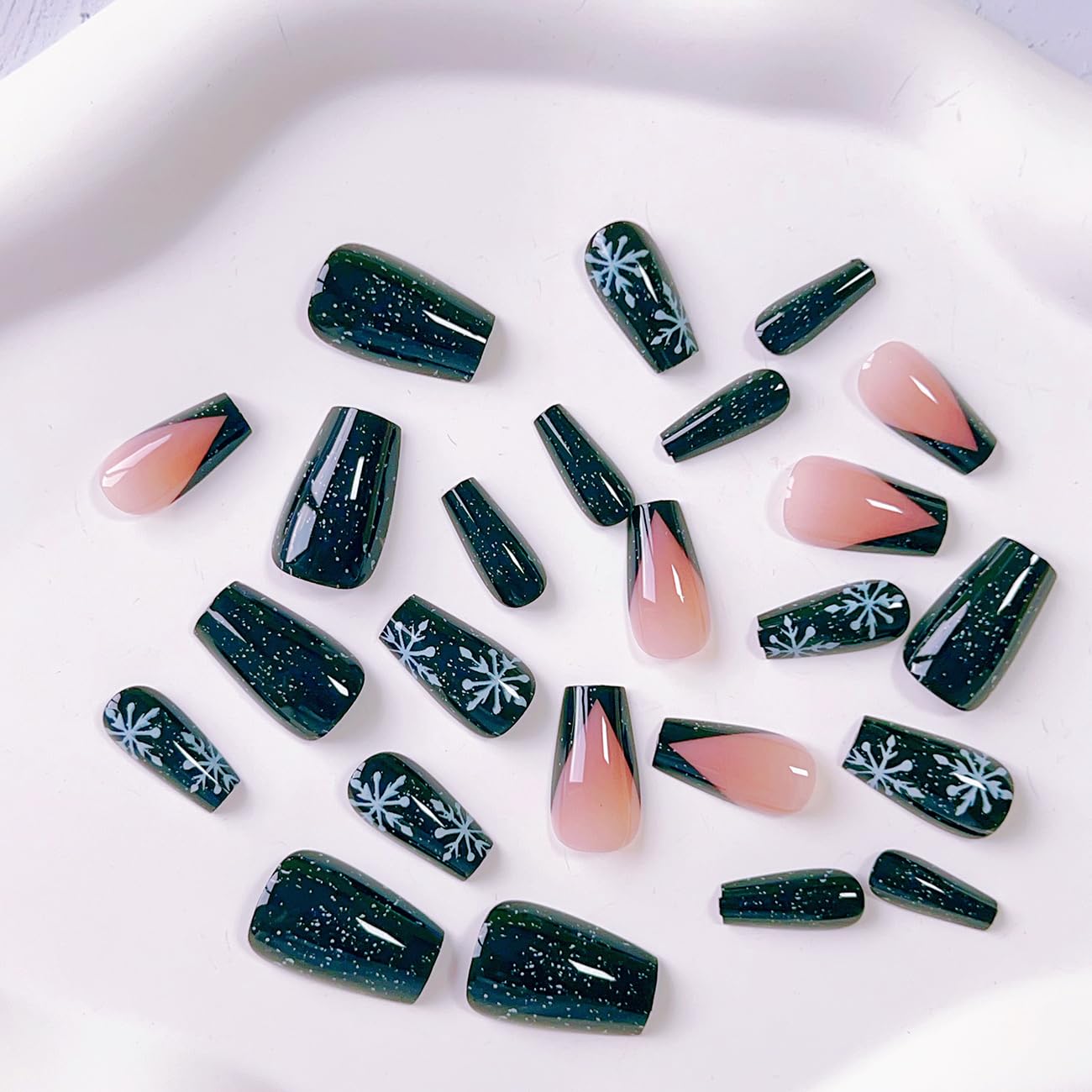 Black Press On Nails Coffin Medium Snowflake Fake Nails with Designs Christmas False Nails Black French Tip Nail Tips Glossy Full Cover Acrylic Winter Nails Press Ons Glue Stick On Nails for Women