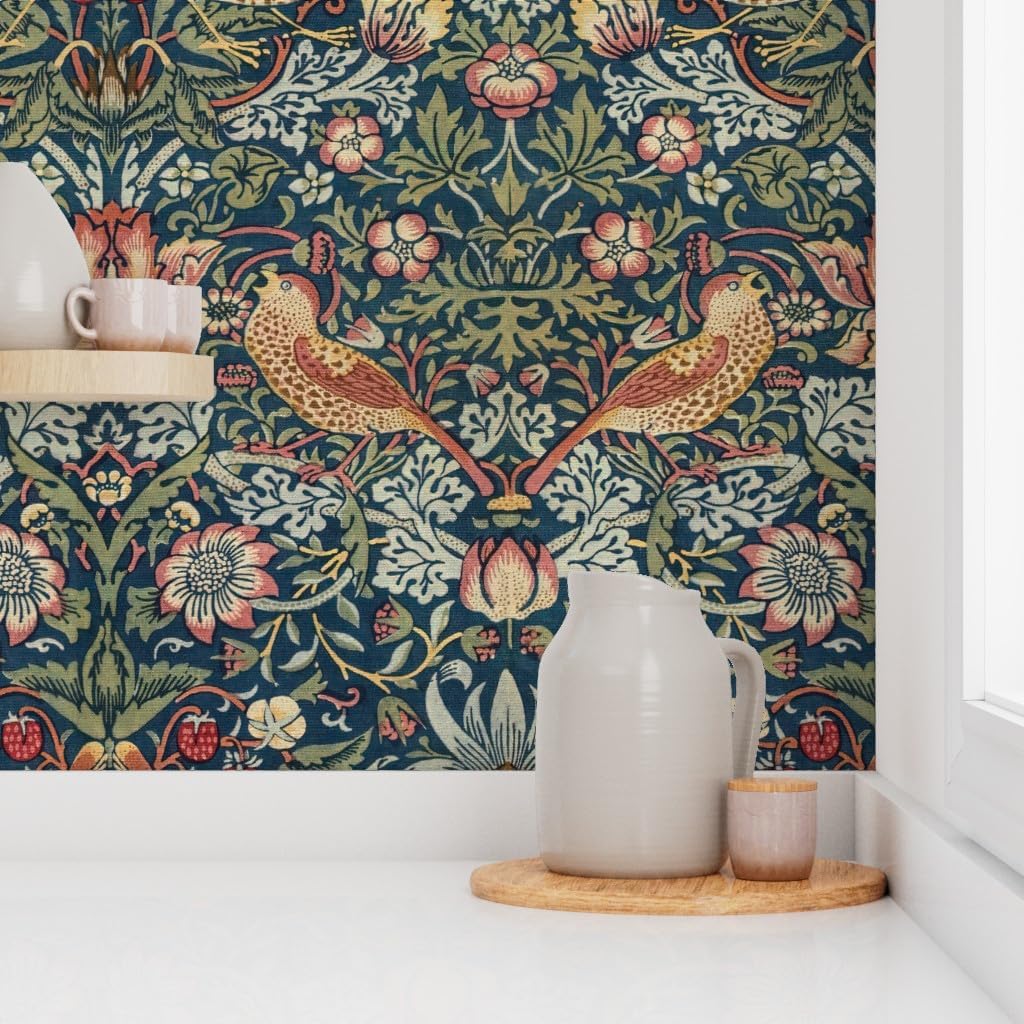 Spoonflower Peel & Stick Wallpaper 9ft x 2ft - Strawberry Thief,William Morris,Floral Vintage,Arts and Crafts,Historical,English Cottage,Victorian Custom Removable Wallpaper