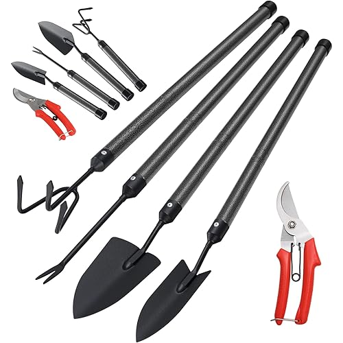 Garden Tools Set with Extension Handles, 5 Piece Thick Gardening Hand Tools, Heavy Duty Steel Rust-Proof Weeding Planting Tool Ideal Gardening Kit Gifts for Women and Men
