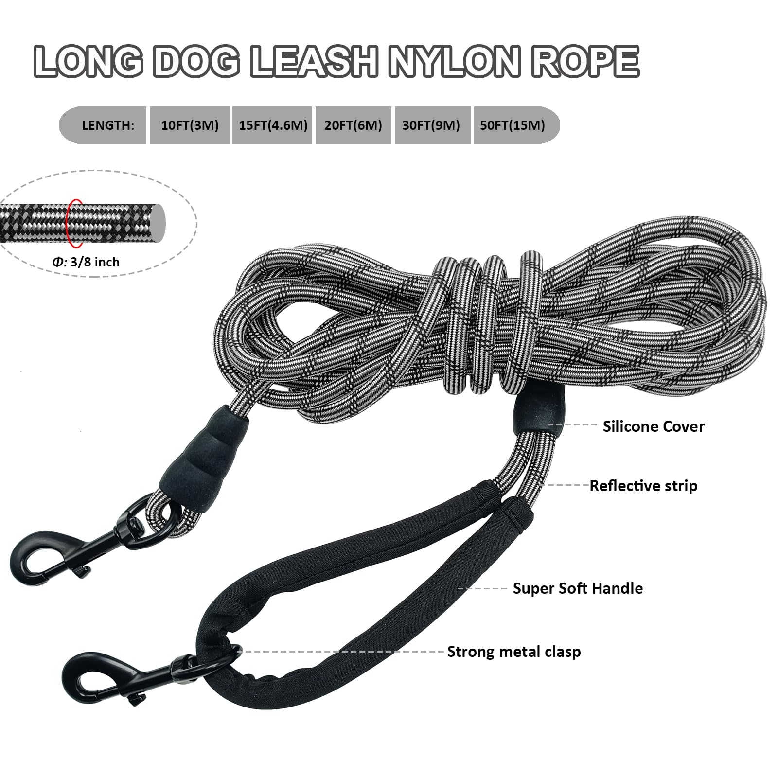 BTINESFUL Longue laisse de dressage pour chien, 3/4,8/6,8/9,1/15,2 m, laisse de dressage pour chien avec poignée souple, laisse réfléchissante et résistante pour chiens de taille moyenne et grande