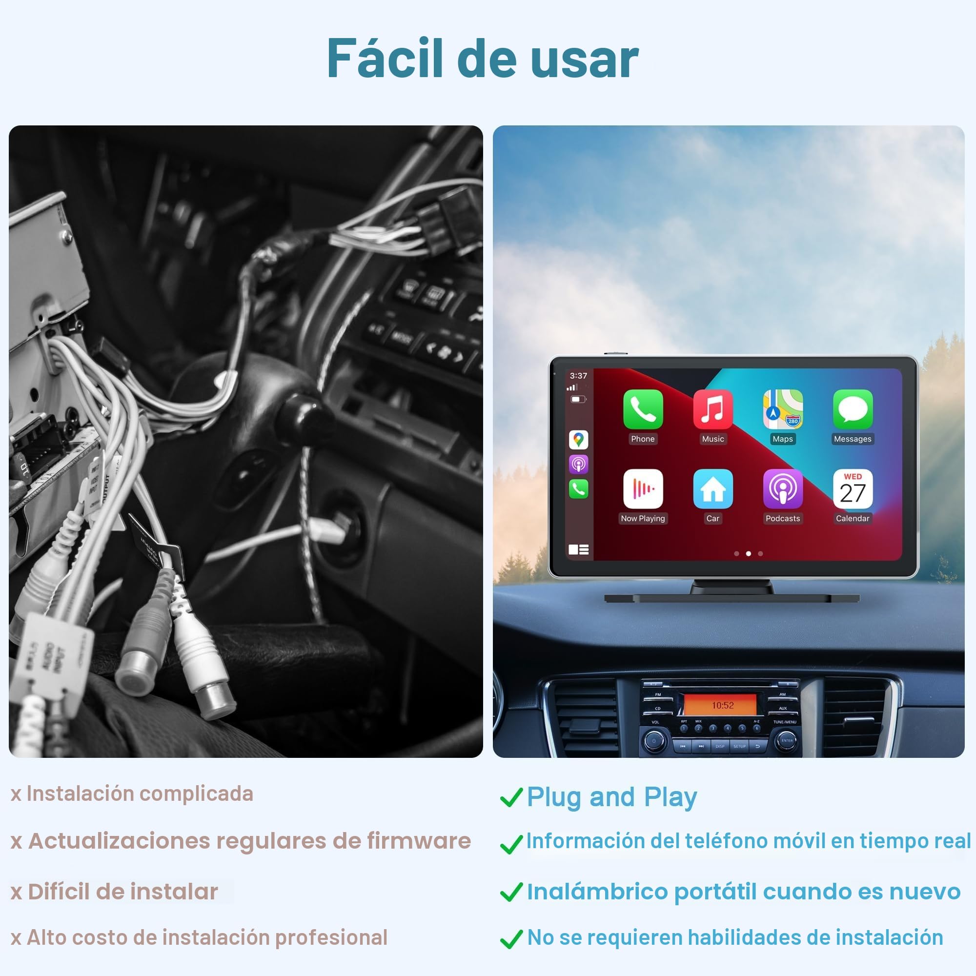 Radio de 9 Pulgadas con Apple Car Play y Android Auto, Reproductor portátil táctil inalámbrico con Control de Voz, cámara Dual 4K Frontal y Trasera 1080p (9 Pulgadas + 2 cámaras)