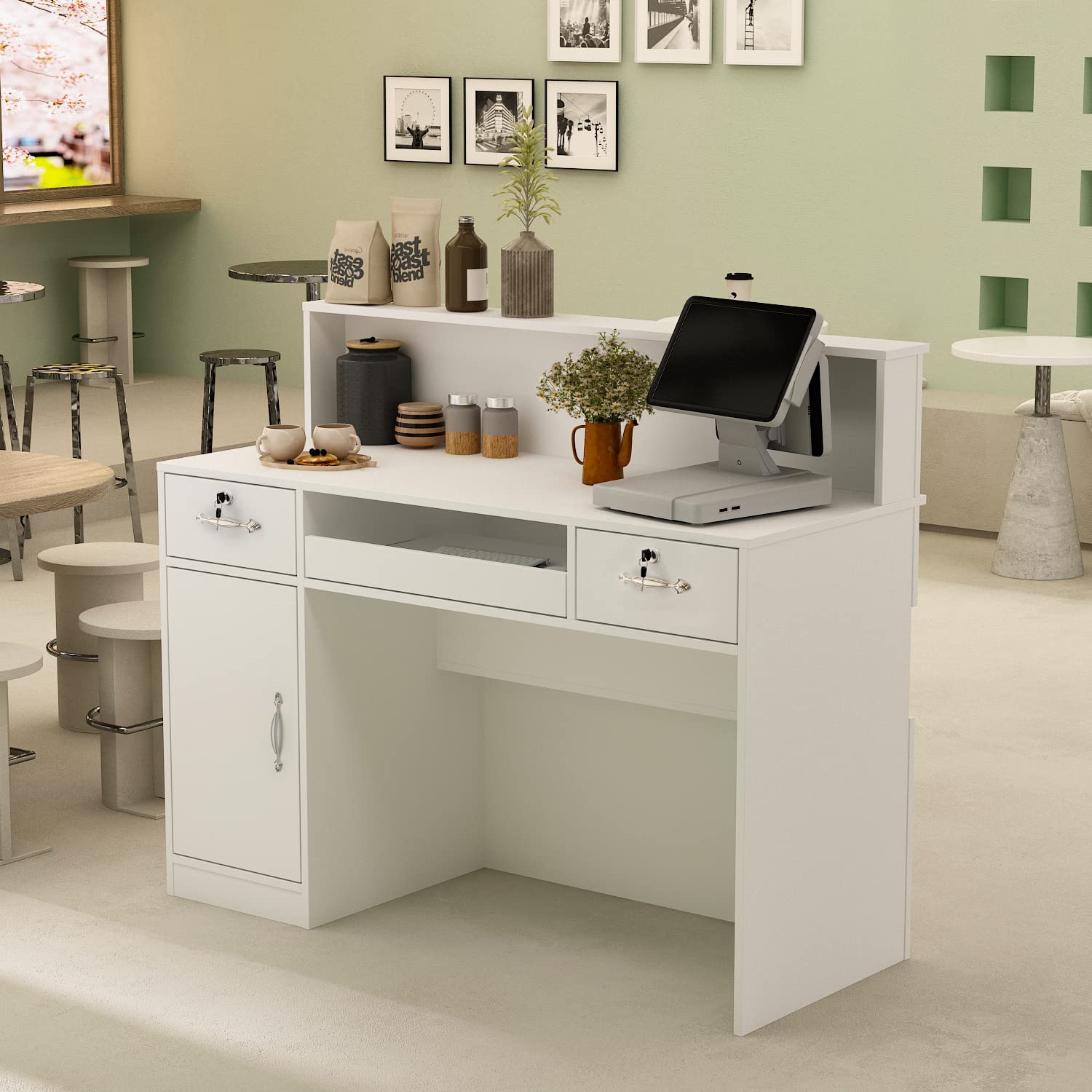 PREMTURE Banco reception con luce e cassetti, reception in bianco, cassette di ricevimento, bancone dell'ufficio, per sale aziendali, reception alberghiere, negozi di frutta 50 x 120 x 100 H cm