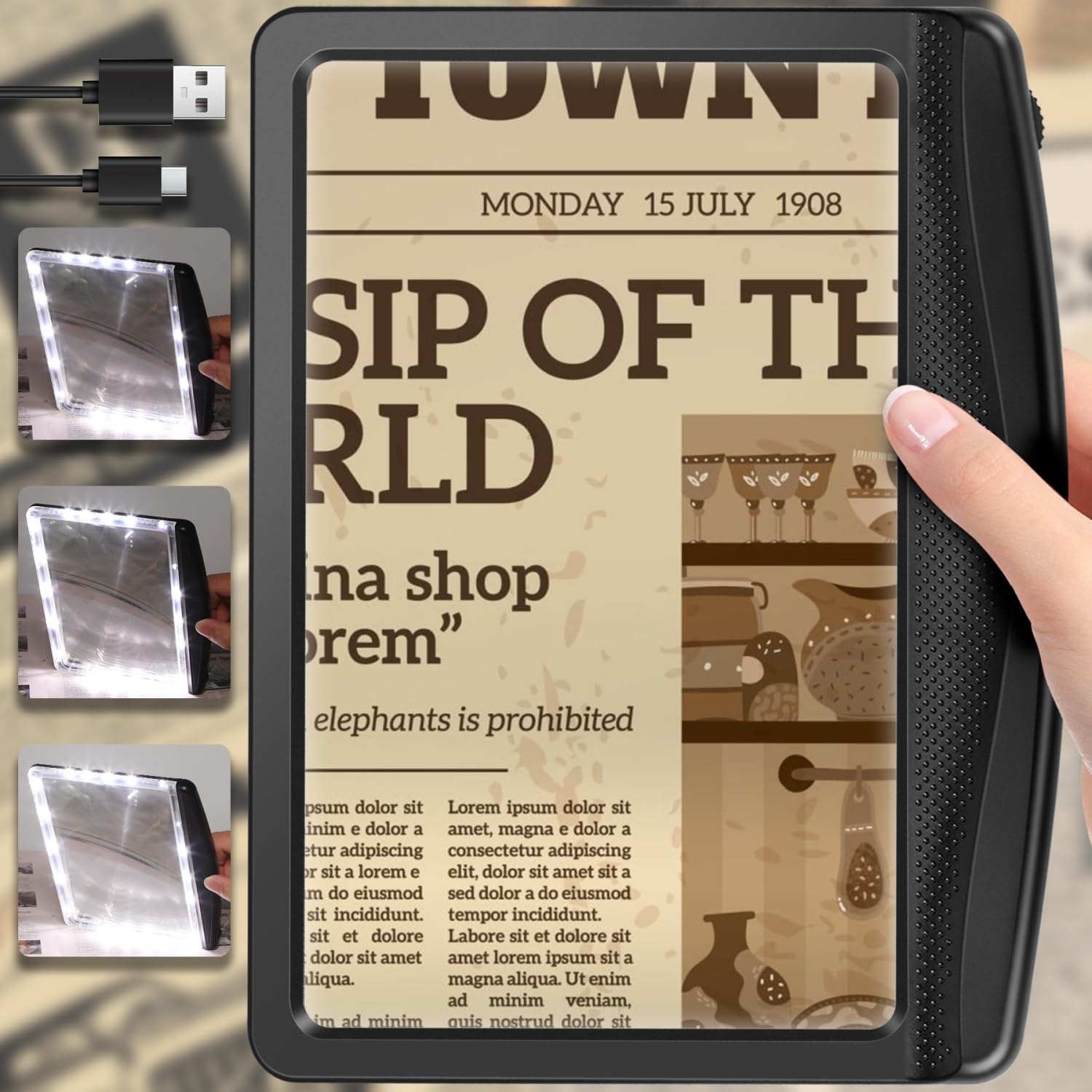 AKKYCVS 5X Rechargeable Magnifying Glass for Reading, Large Bright LED Lighted Full Page Magnifier, Lightweight Rectangular Handheld Magnifier with Light for Reading Small Prints for Seniors, Black