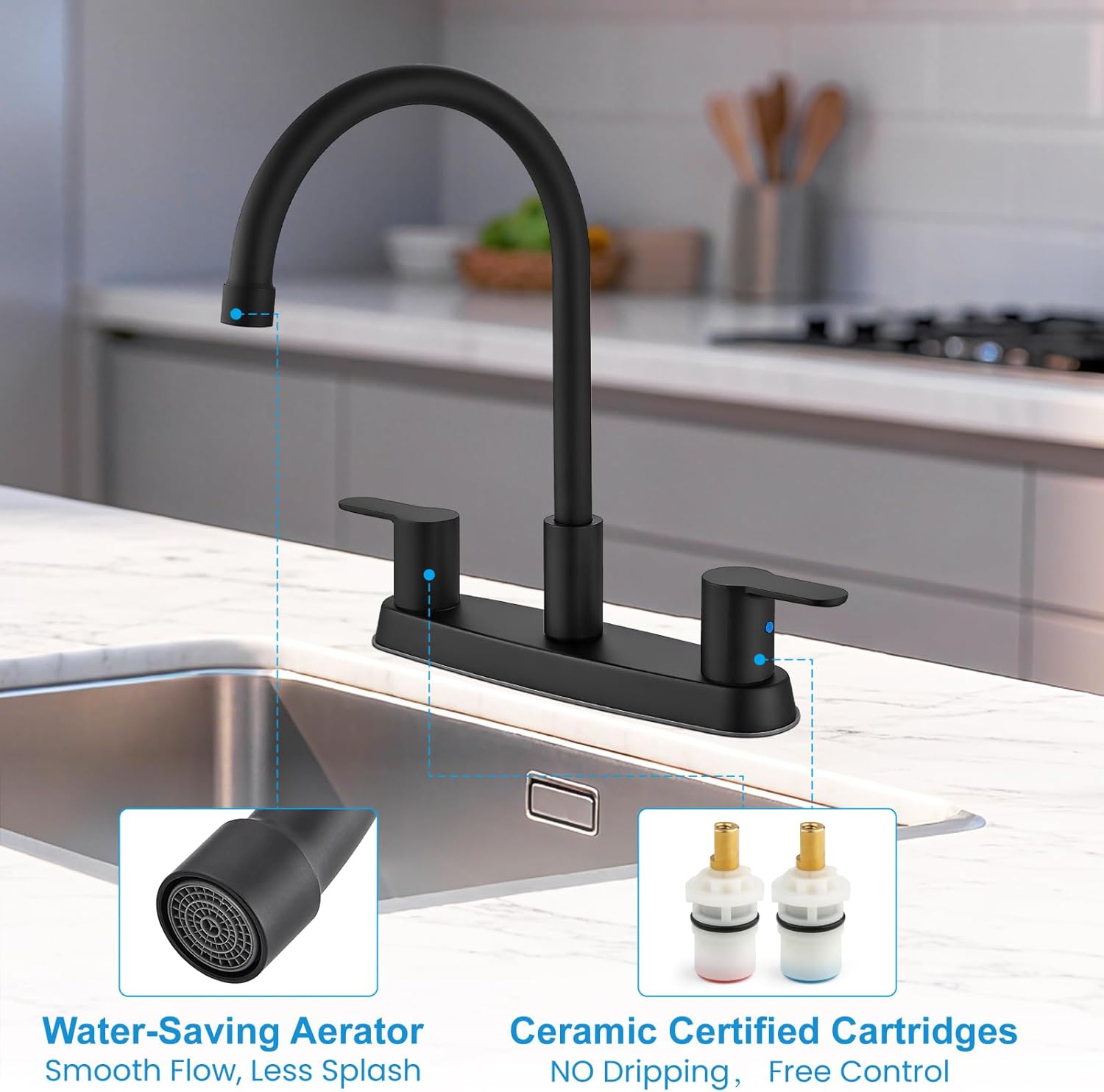 8 Inch Centerset Kitchen Faucet for Sink 3 Hole Dual Handle Kitchen Sink Faucets High Arc 360 Degree Rotating Spout with Supply Lines, Matte Black, Without Side Sprayer