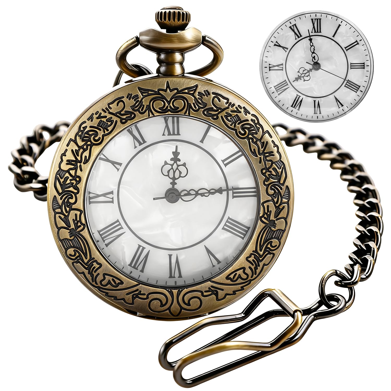 Bronze Transparent Cover with White Roman Numeral Dial with Wave Texture Men's Quartz Pocket Watch-image-39