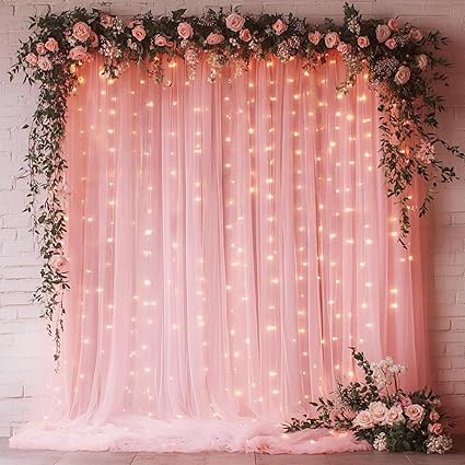 Pink Tulle Backdrop with Fairy Lights for Parites Wrinkle-Free Sheer Curtain Drapes Photo