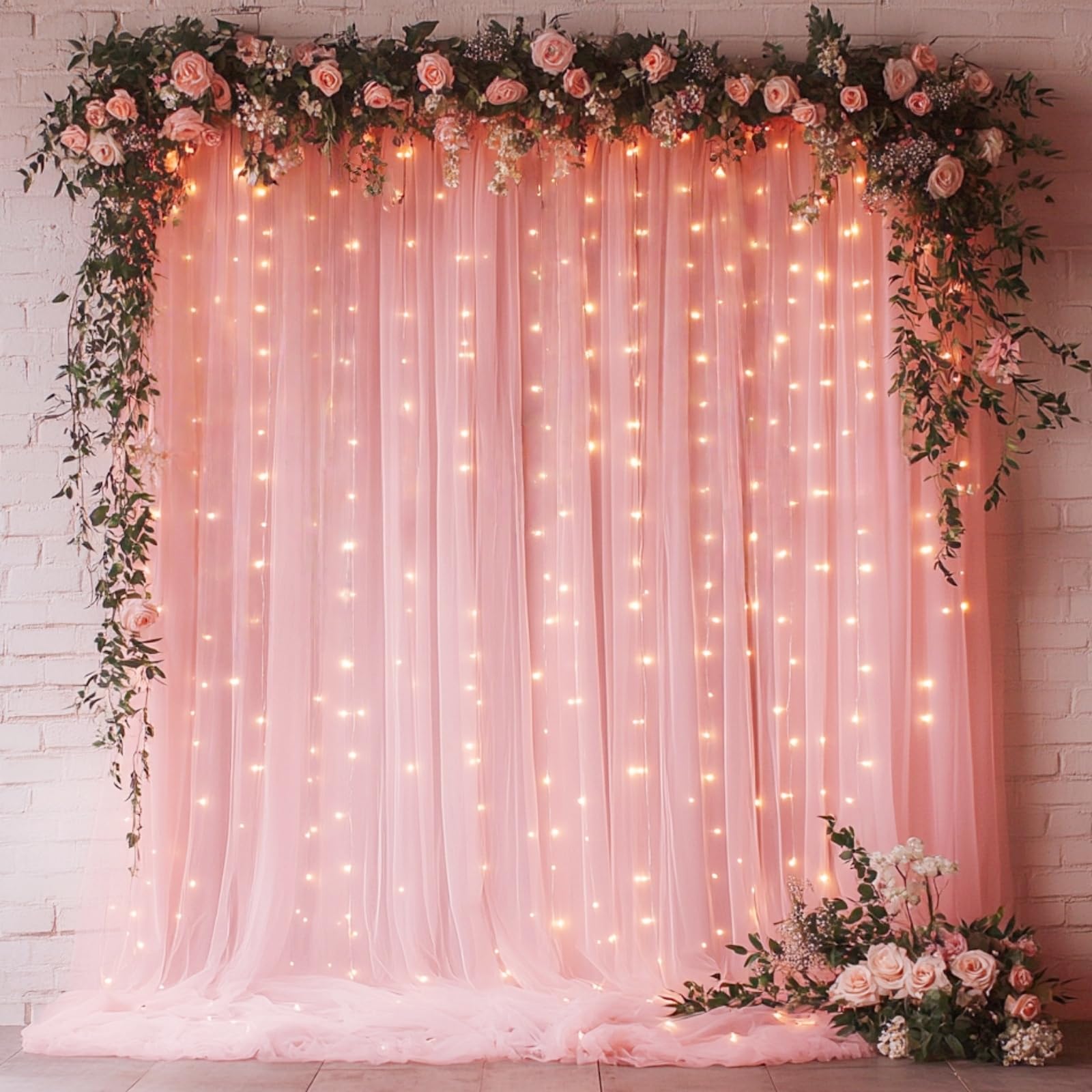 HOLITS Pink Tulle Backdrop with Fairy Lights for Parites Wrinkle-Free Sheer Curtain Drapes Photo Back Drop for Wedding Baby Shower Bridal Shower
