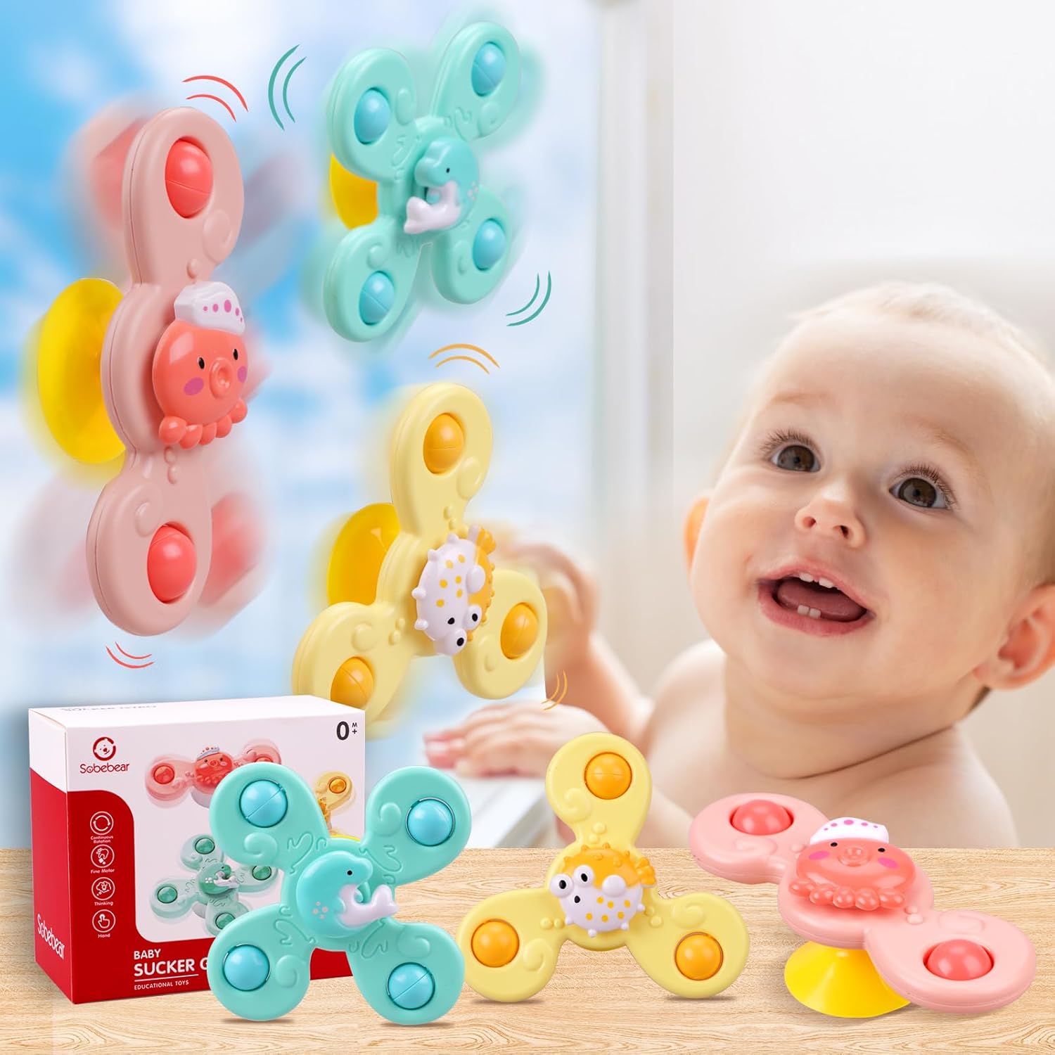 Suction Cup Toy for Baby,4Pcs Spinning Toy Early Education Bathtub Toy Sea Animals
