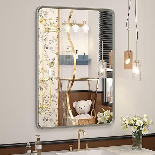 Miniatura 74 de OKPAL Espejo de Baño con Marco de Metal Negro de 40 x 36 Pulgadas para Pared, Espejo de Tocador de Baño Negro Mate, Espejo Rectangular Redondeado