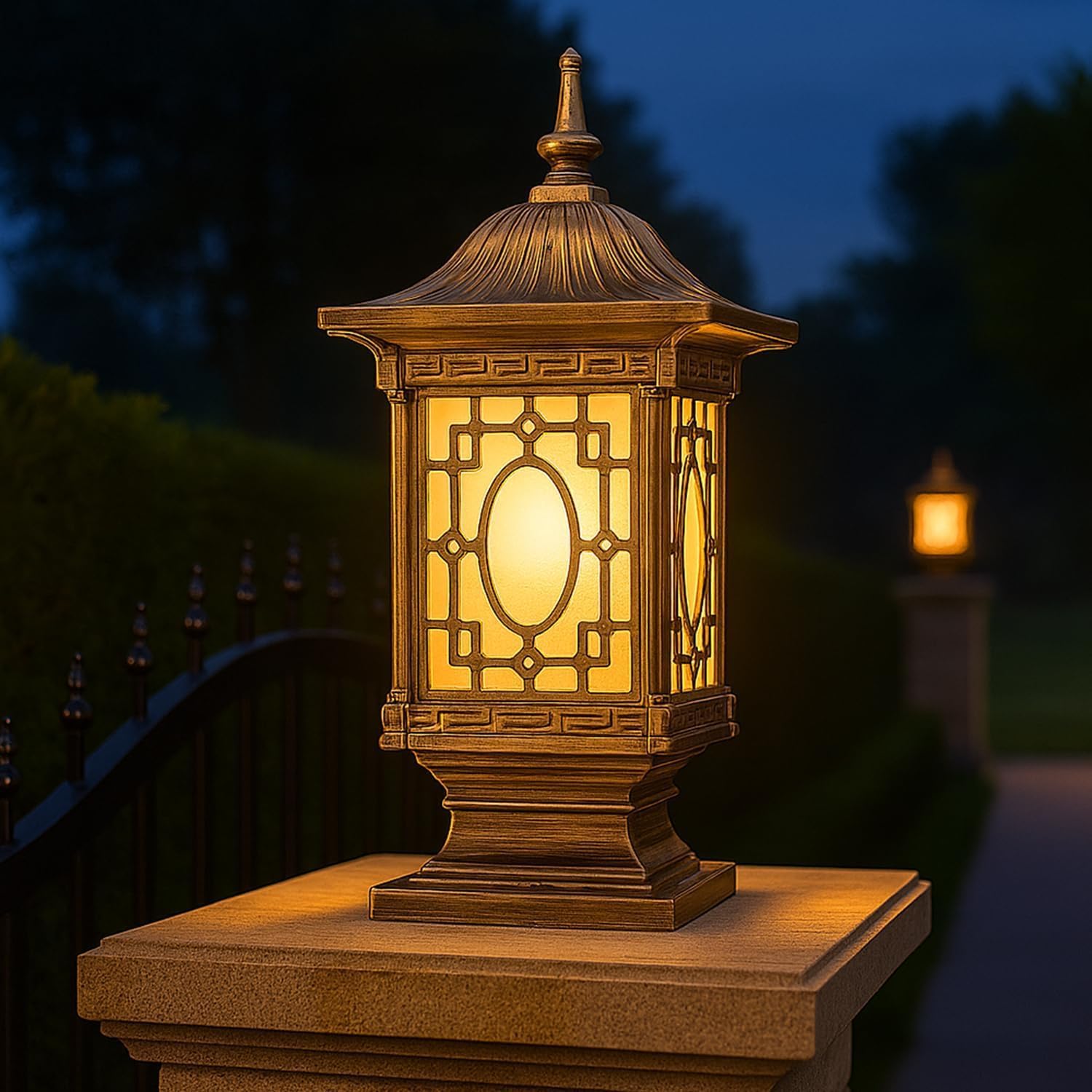 JACKAL Vintage Oriental Post Light, Outdoor Pillar Lamp, Bronze Metal with Glass Panels, Asian Pagoda Design, Decorative Garden Column Mount, Warm Tone LED with 1 yr. Warranty (Bulb Included)-image-47