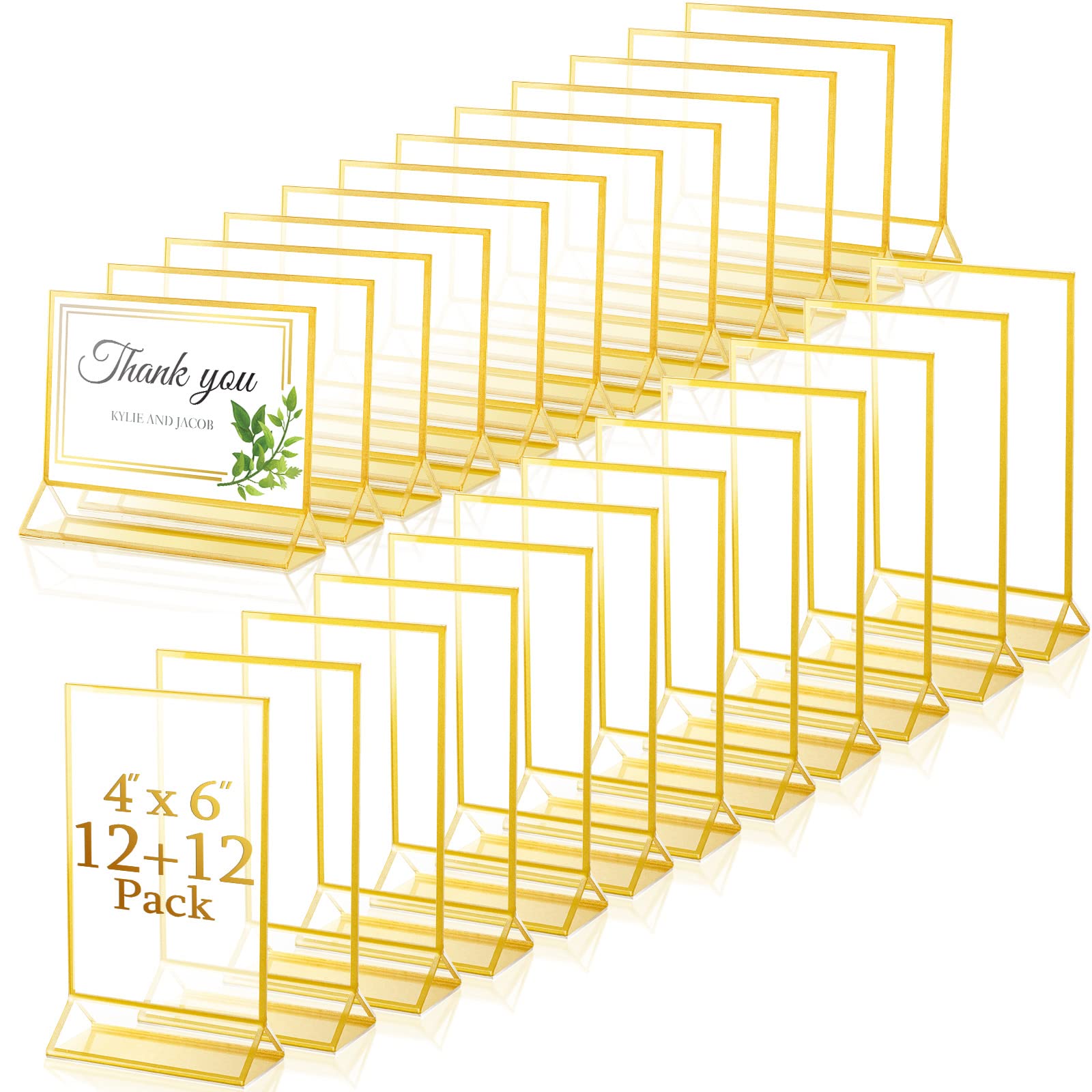 24個 クリアアクリルサインホルダー ゴールドボーダー付き テーブルメニュースタンド カードディスプレイスタンド 両面写真フレーム アクリルサインスタンド ウェディングテーブル/レストラン用 (4 x 6インチ、横、縦)