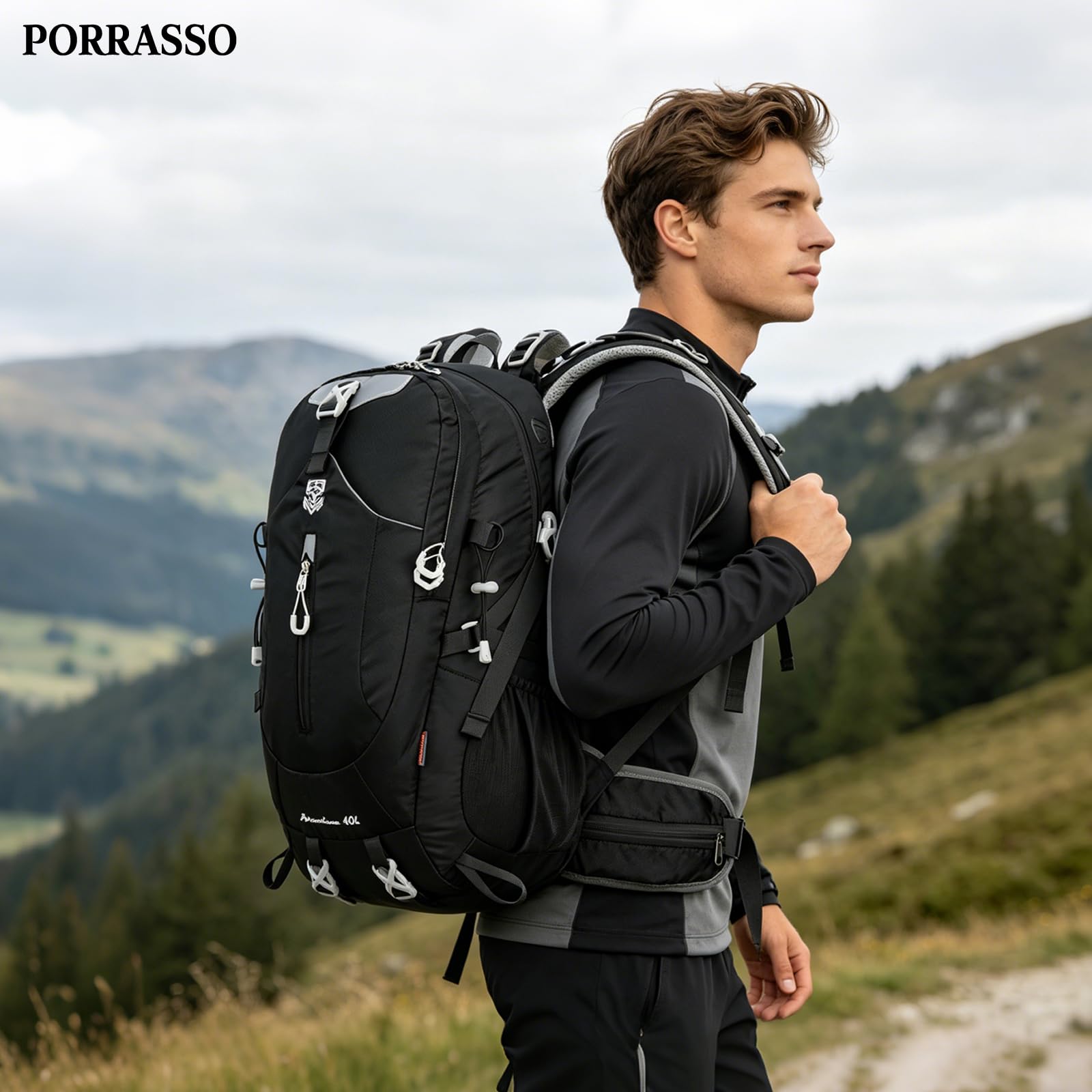 Zaino da Trekking 40L Zaino Impermeabile Grande Zaini Hiking Nylon Campeggio Backpack per Donna Uomo Viaggio Sport Nero