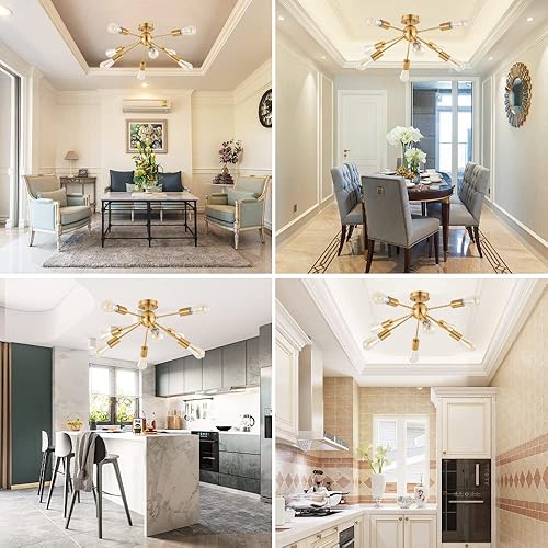 Miniatura 5 de BONLICHT Sputnik - Lámpara de techo de latón cepillado, 8 luces, lámpara de araña moderna de mediados de siglo, montaje semiempotrado, lámpara de