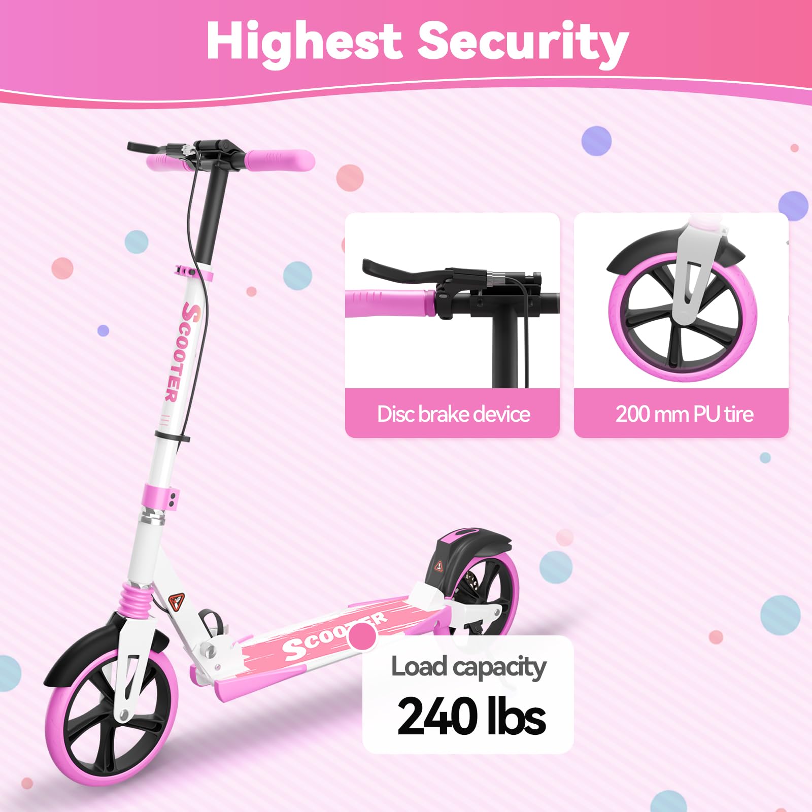 MEE GOO H007D Scooter con freno a disco, doppio ammortizzatore, ruote in PU da 200 mm, cuscinetti ABEC-7, scooter pieghevole per adulti 18+, tavola antiscivolo con rosa/bianco/blu