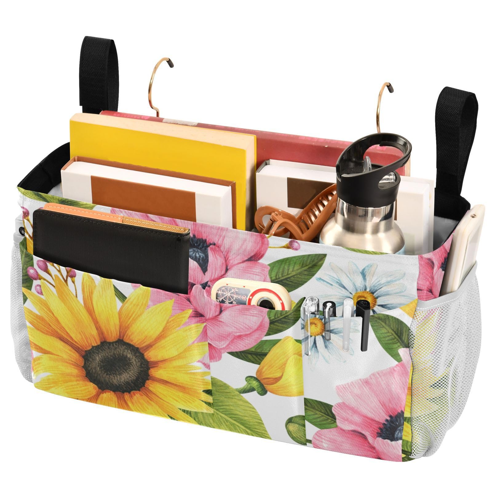 FRODOTGV Bedside Storage Organizer Bed Storage Bag With Pockets Hanging Organizer for Books Mobile Phones Keys Water Bottle Floral Pattern Decorative Sunflowers