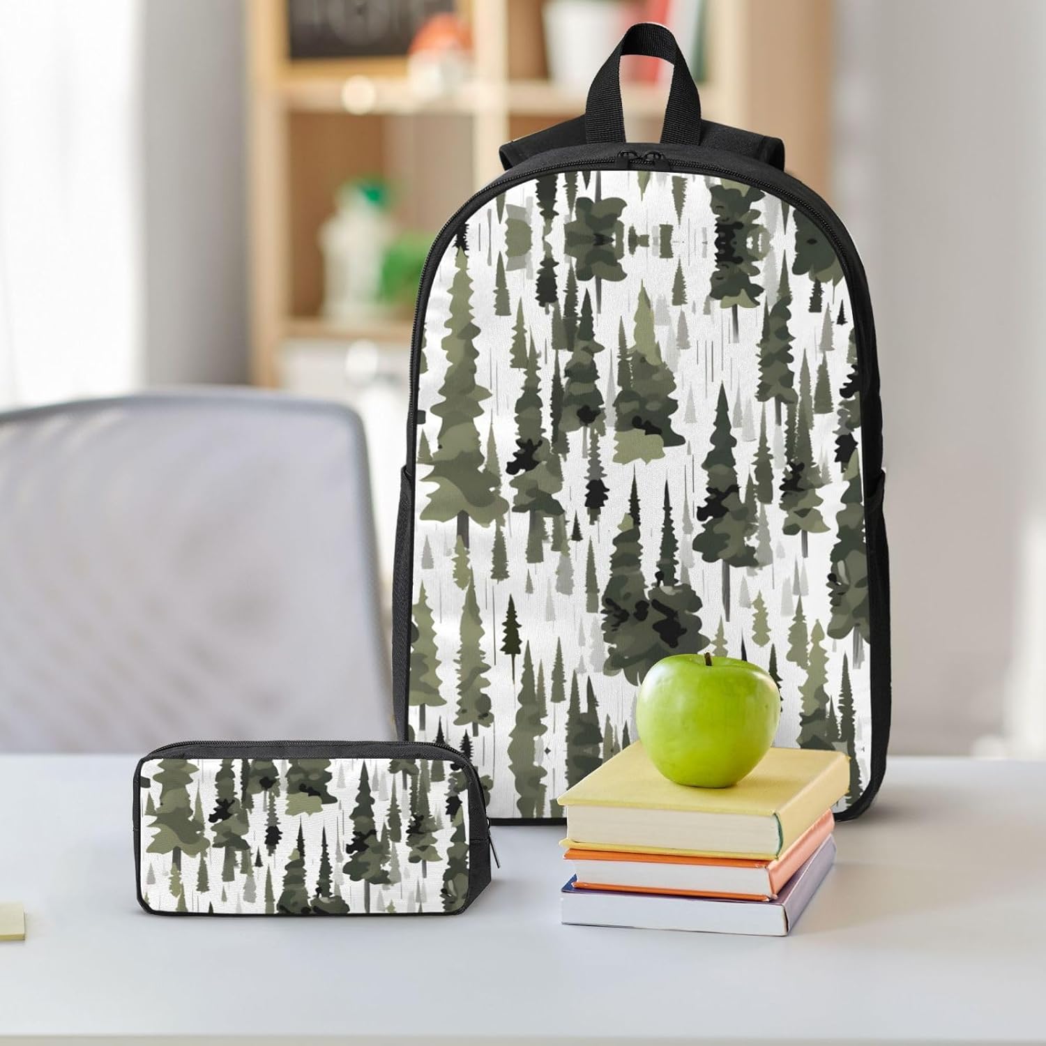 White Trees Camo pattern print 3 Piece Backpack Bags with Lunch Box Pencil Case Set for Travel Work Camping Unisex
