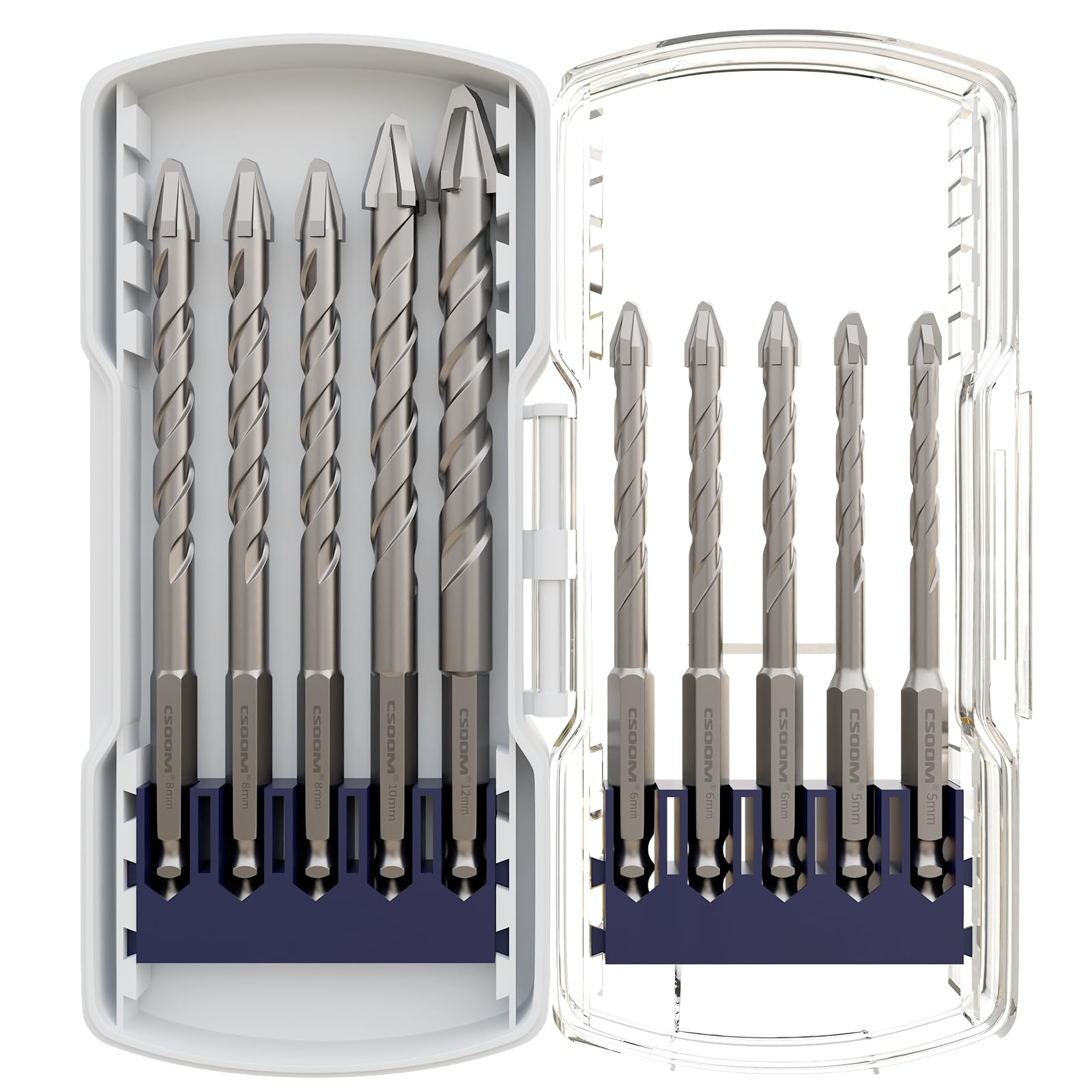 CSOOM 10-Piece Masonry Drill Bit Set (5/5/6/6/6/8/8/8/10/12mm), Eccentric Drill Bit, Tile & Glass Drill Bit Set, Ideal for Porcelain, Ceramic, Tiles, Concrete, Wall Drilling and Wood