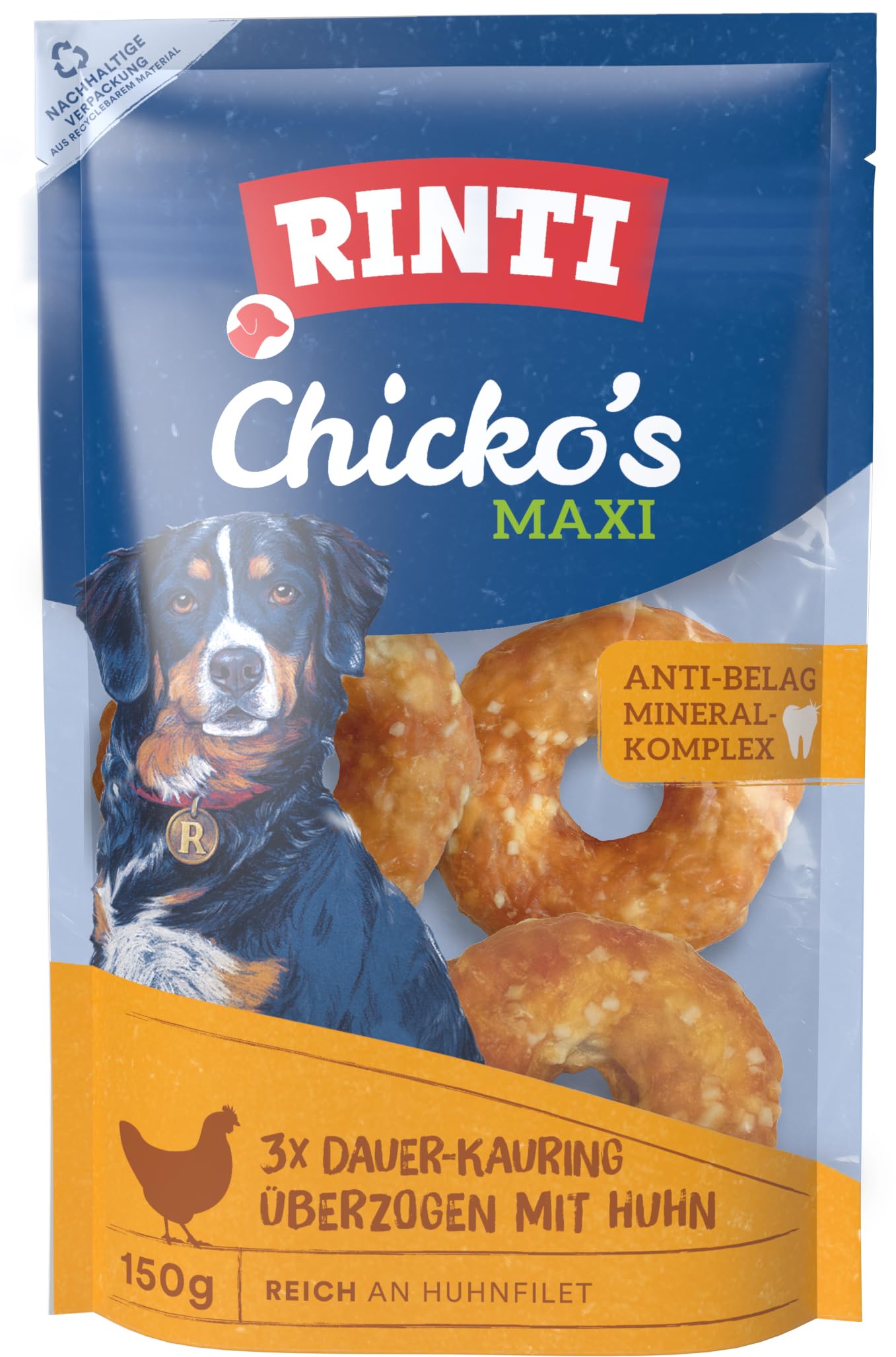 RINTI - Chicko Kauring Maxi | Bissfeste Dauer-Kauringe mit Zahnpflege-Komplex für mittelgroße bis große, ausgewachsene Hunde. Hundesnack ohne künstliche Zusätze im Frischebeutel | 9x150g Huhn